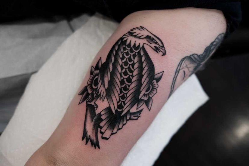 Bowling Pin Eagle by Ben McQueen Guesting Mainstay Tattoo Austin TX