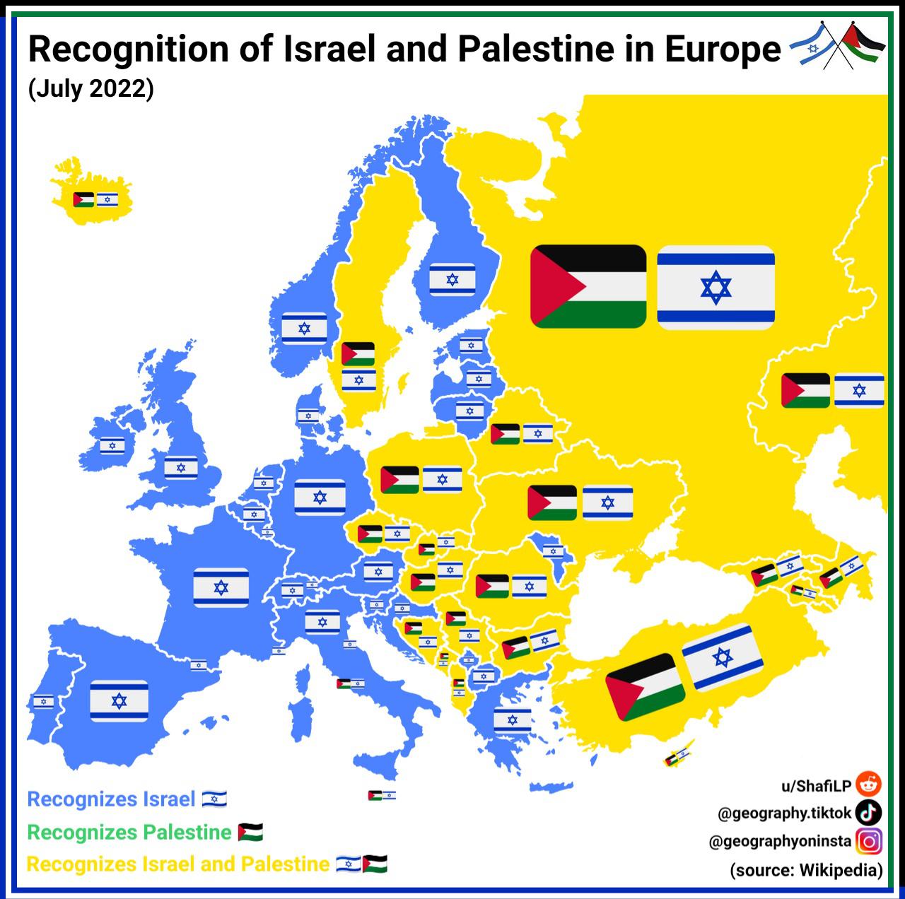 European Countries that Recognize Israel or Palestine r/MapPorn