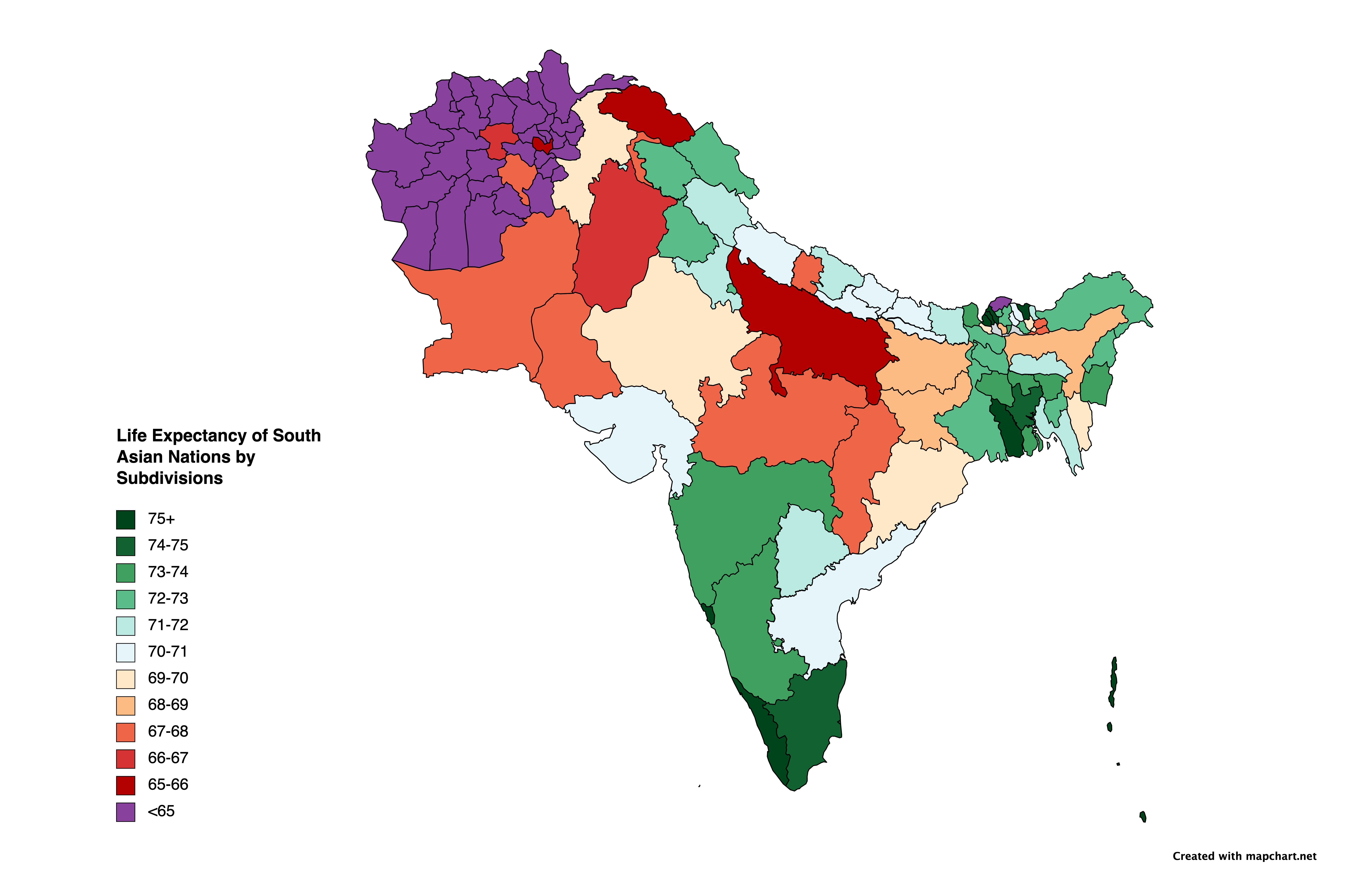 Life Expectancy of South Asian Nations by Subdivisions r/MapPorn
