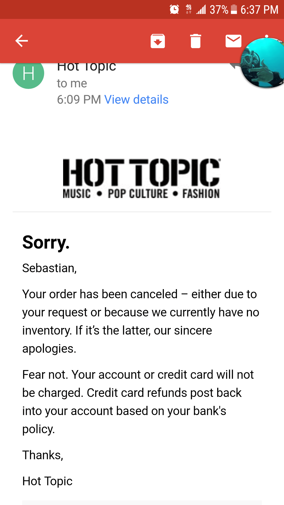 Hot Topic Disney Treasures Order Canceled, no word on the 20 gift card