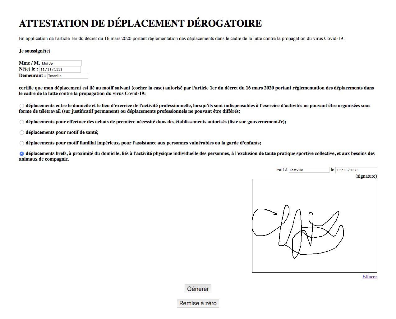 Formulaire web pour l'attestation de sortie covid19 france