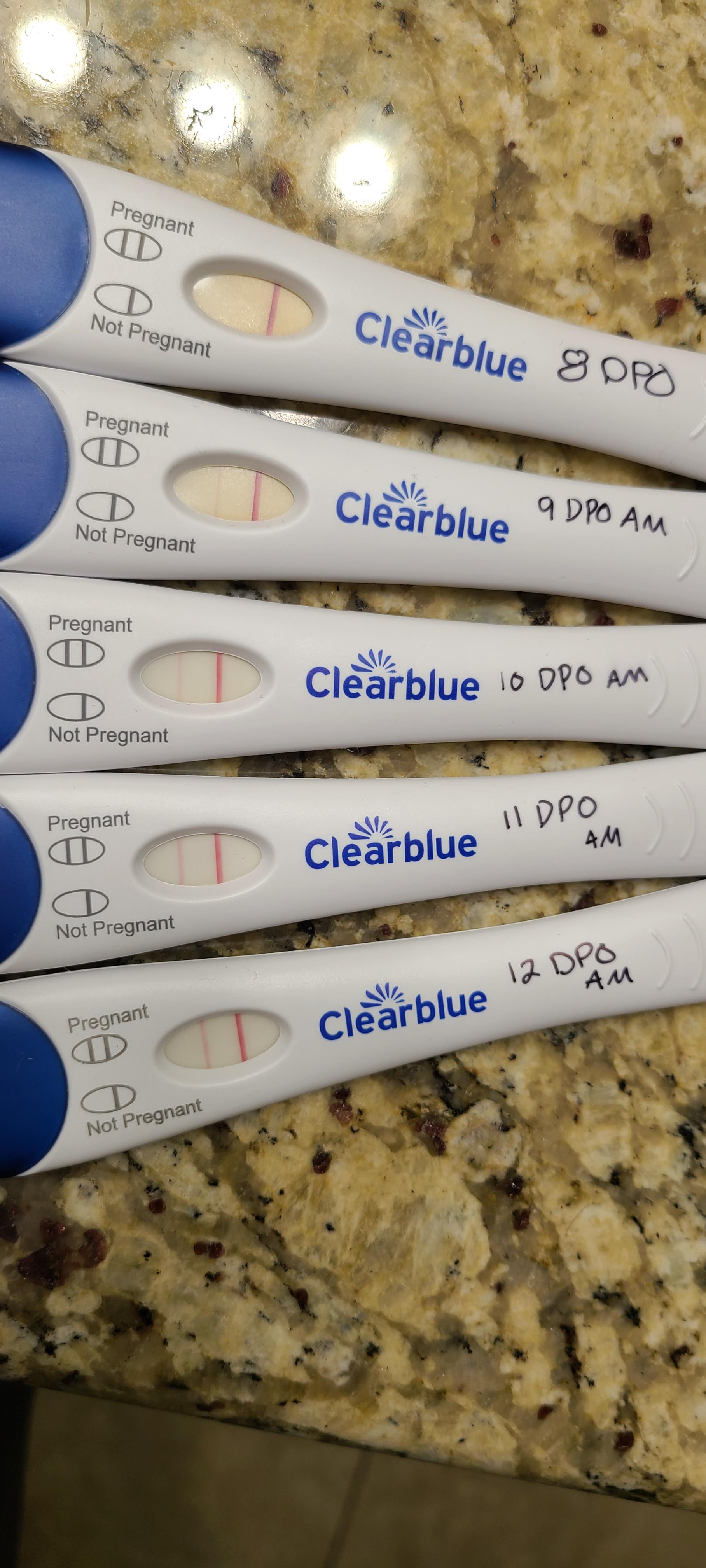 Clear Blue (pink dye) line progression 8 DPO to 12 DPO first blood hcg 9DPO 13 mIU/mL, 2nd