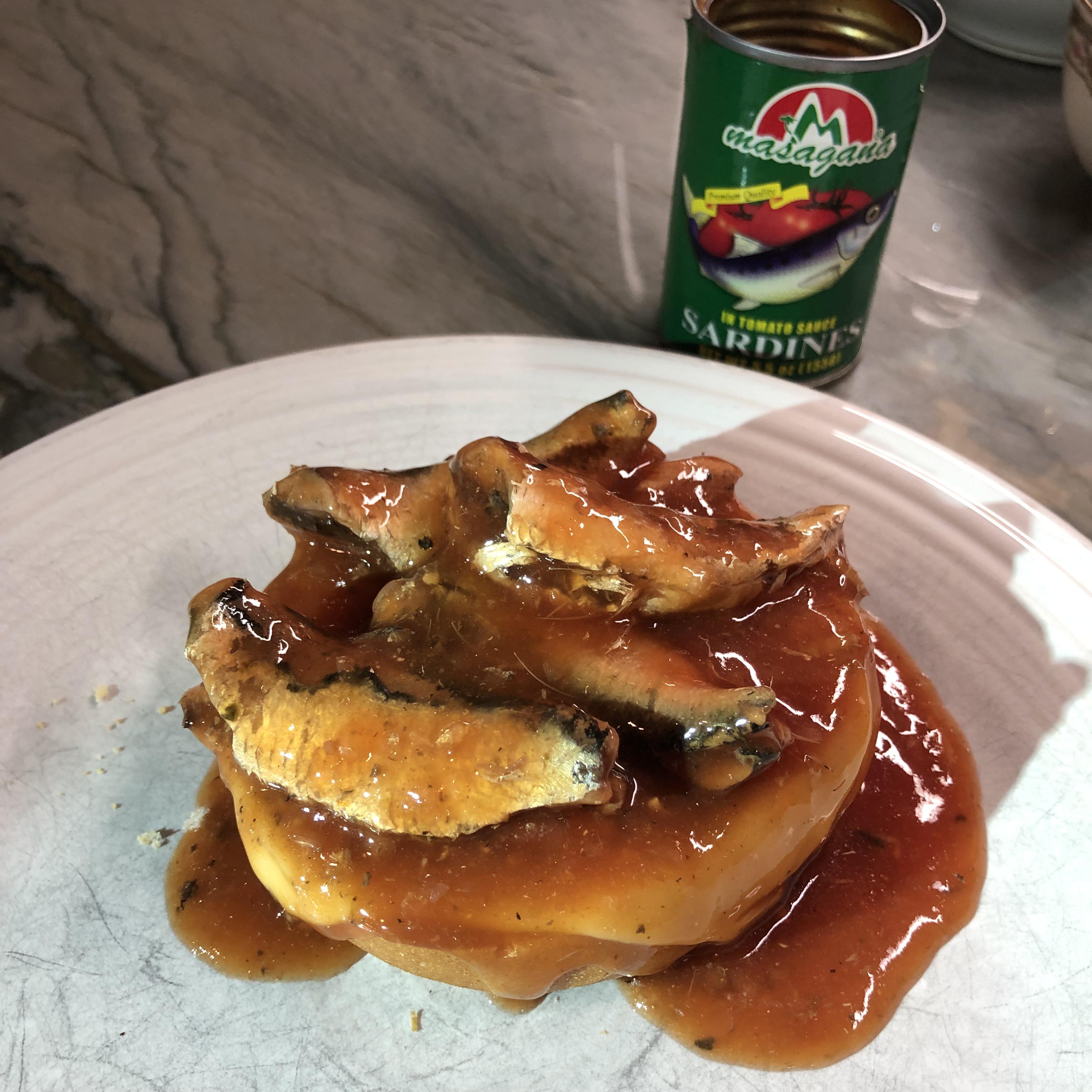 Sardines (from Philippines) in Tomato Sauce on toasted bagel with