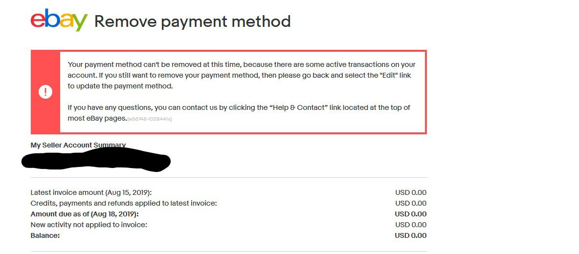 Ebay won't let me remove my automatic payment method because I have an