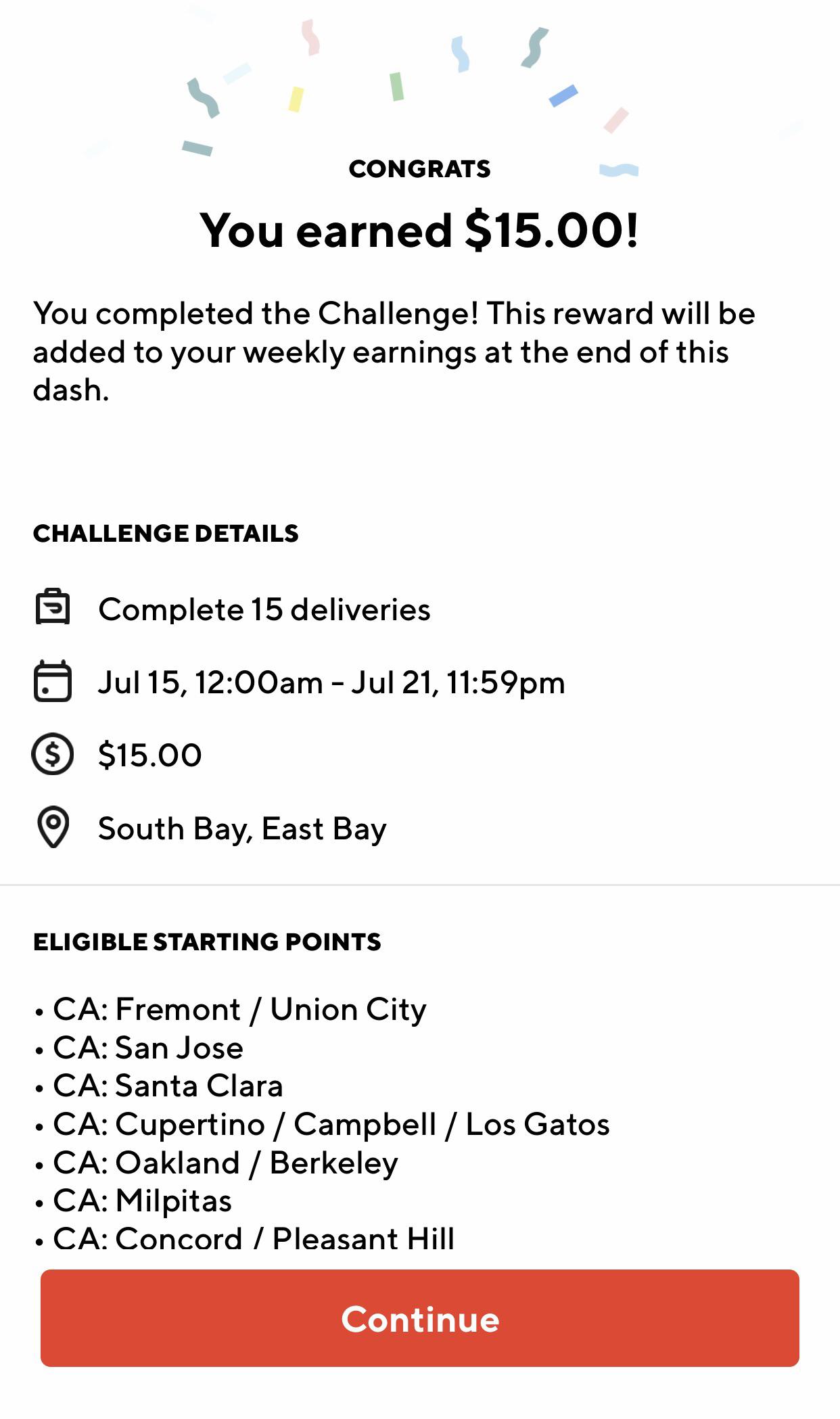 DoorDash Challenge complete! 1 extra per delivery for the 1st 15