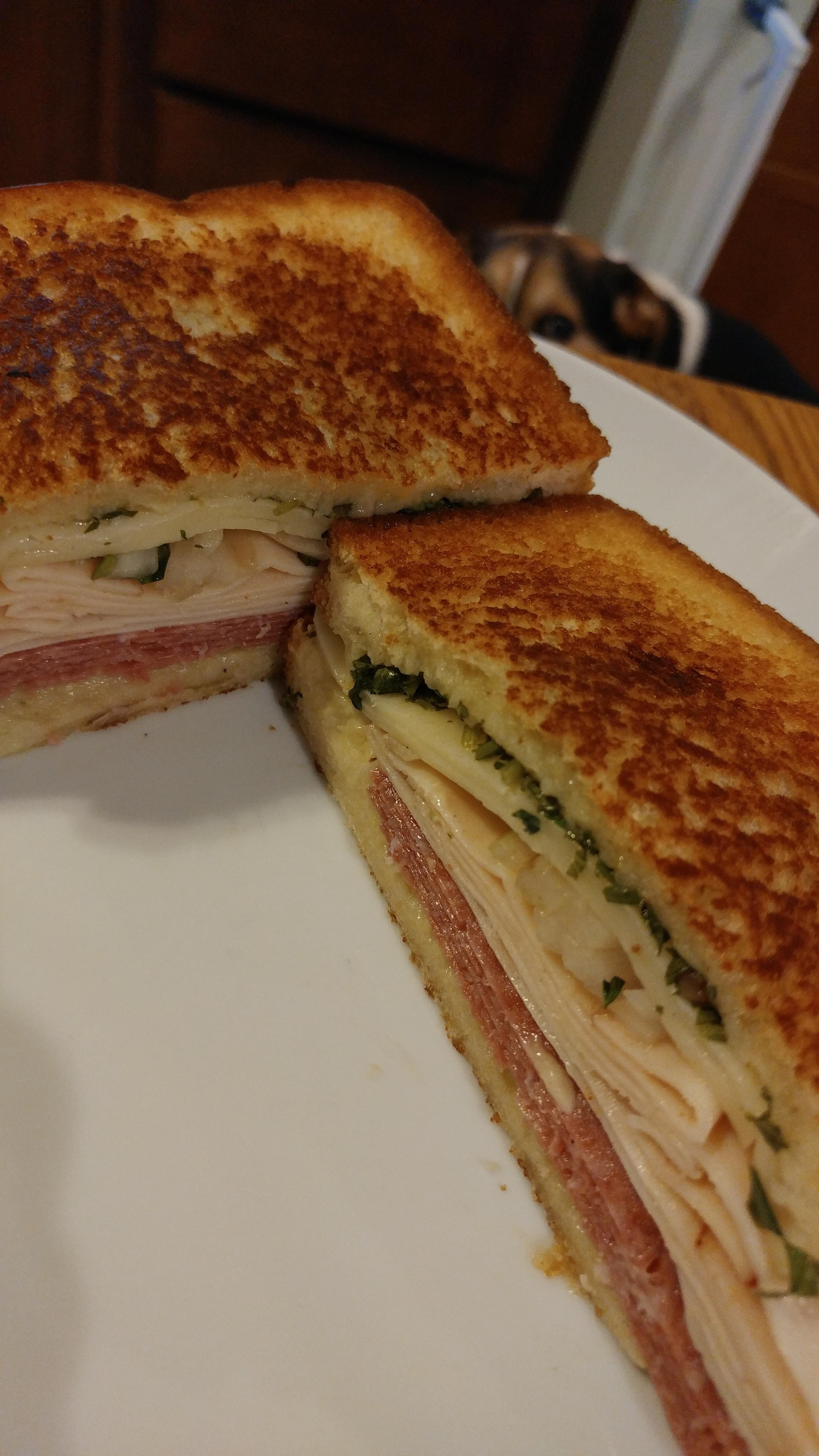 Turkey and salami sandwich with havarti, anchovy mayo and chimichurri