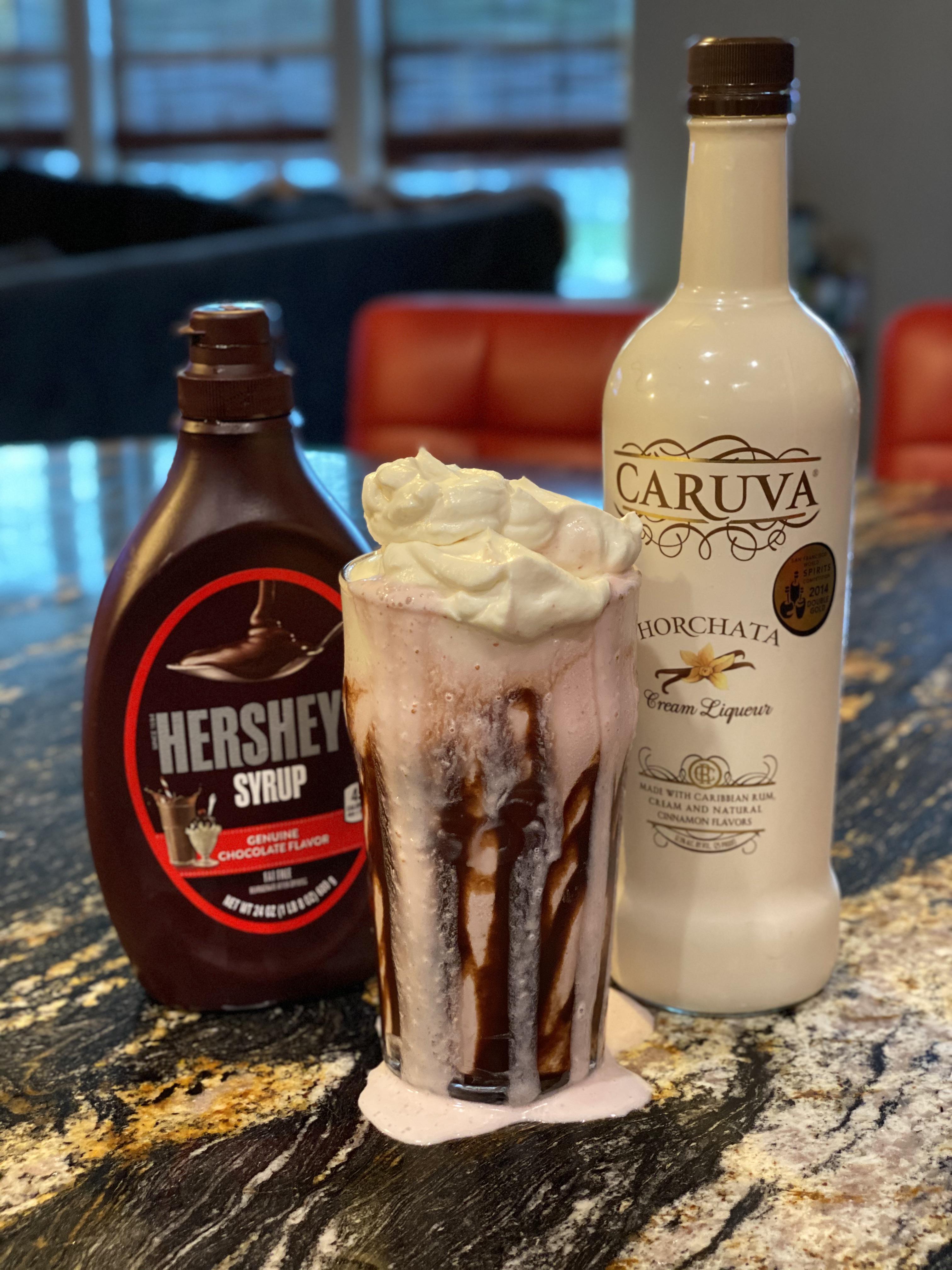 [Homemade] chocolate strawberry milkshake with rumchata whipped cream
