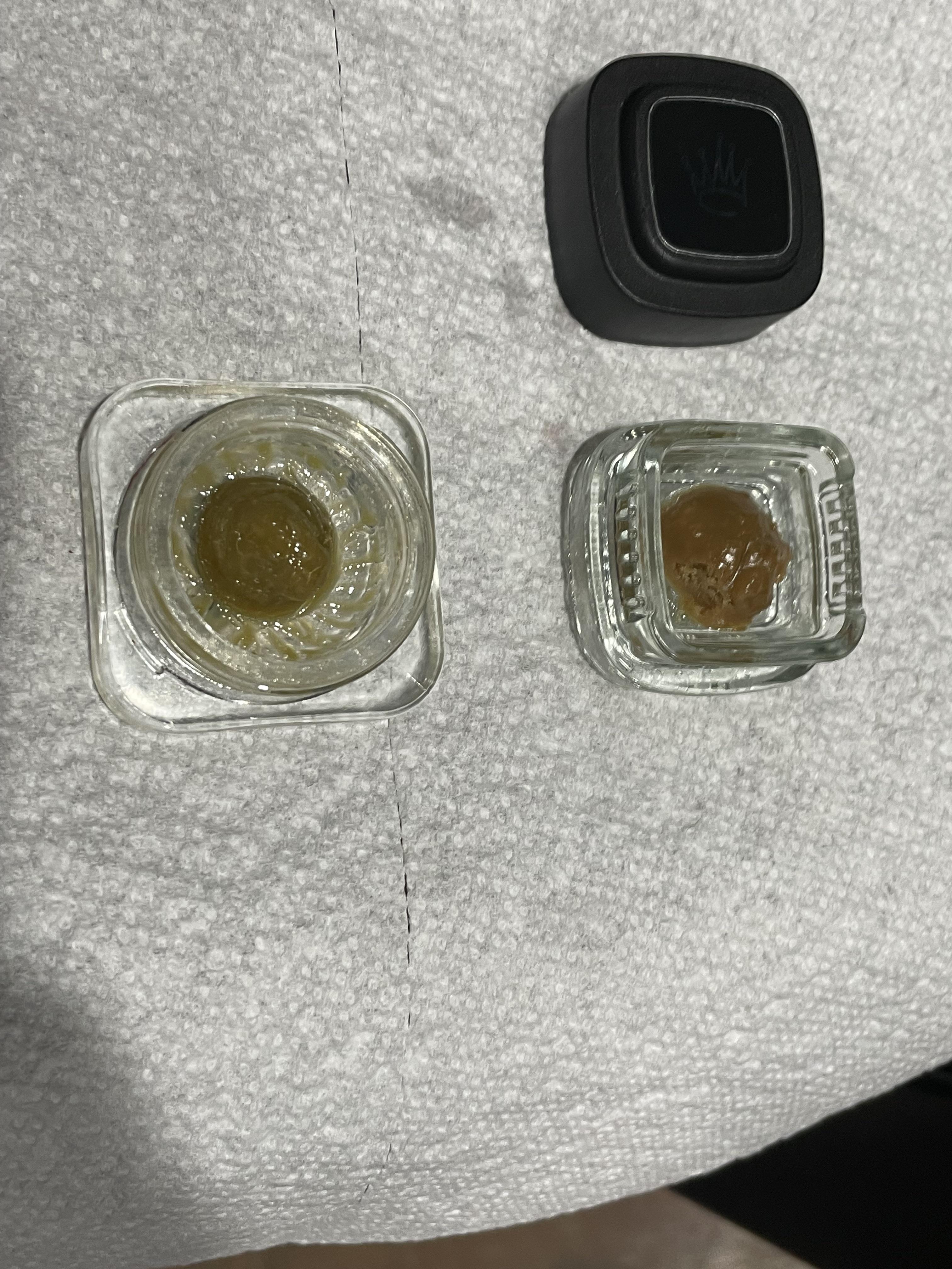 Home made Gummy Mints flower rosin on the left vs Noble road Kush Mints