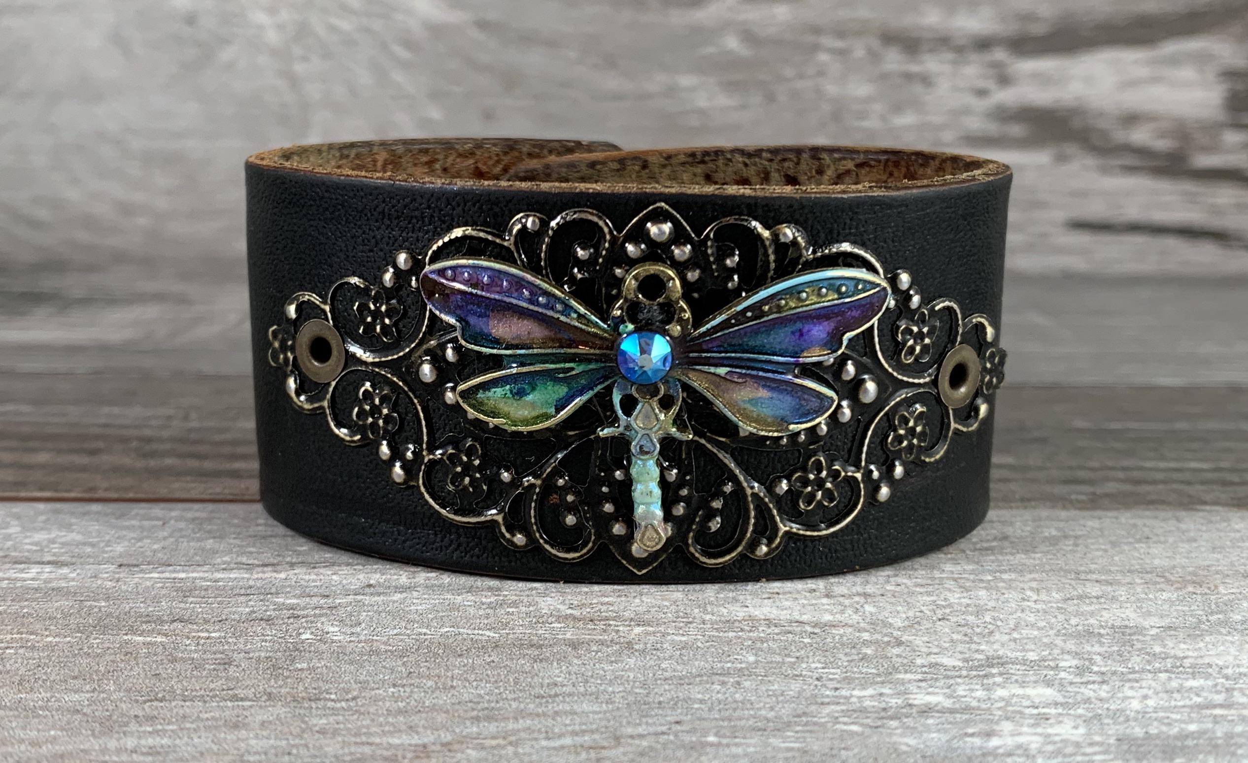 Hand painted dragonfly cuff bracelet made from a repurposed leather
