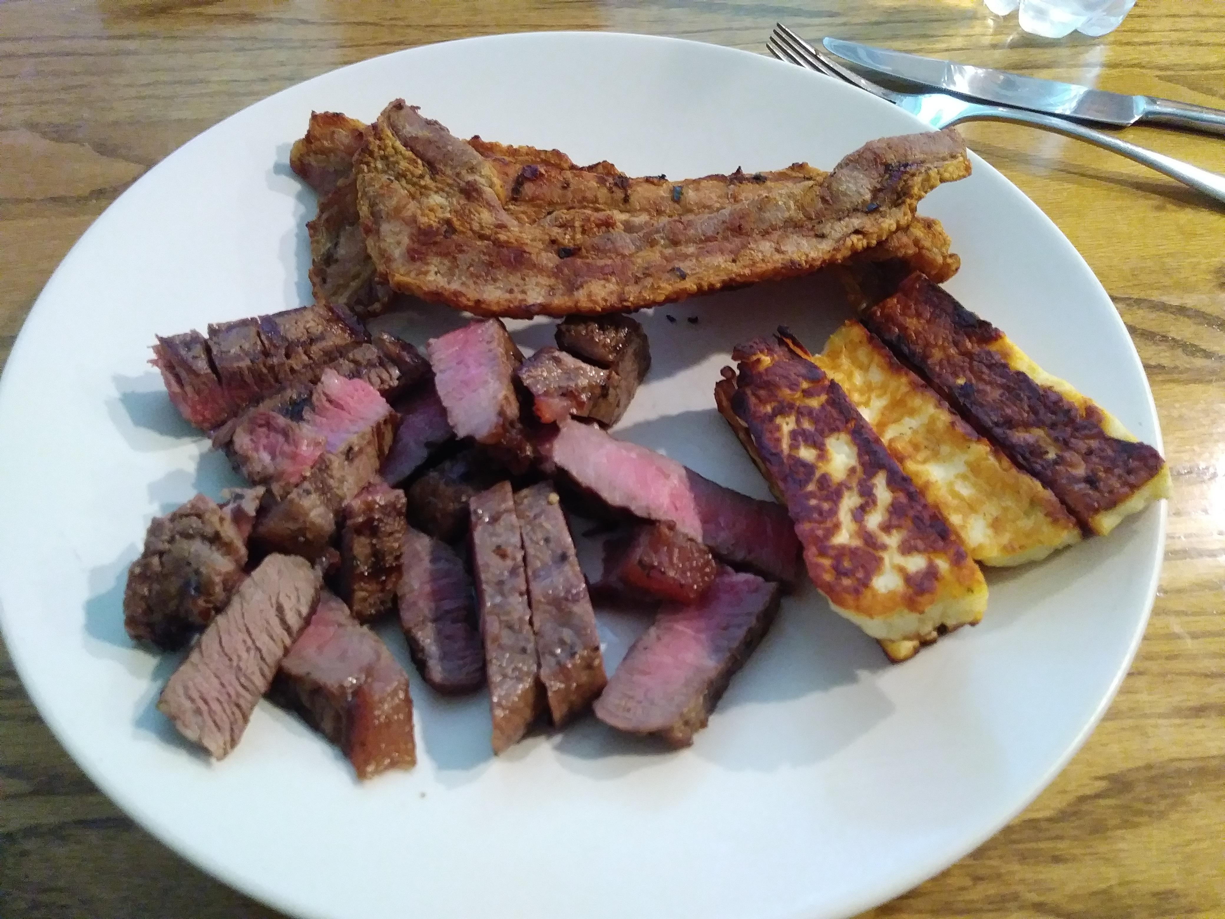 Steak, pork belly, and halloumi fried in bacon fat. r/zerocarb