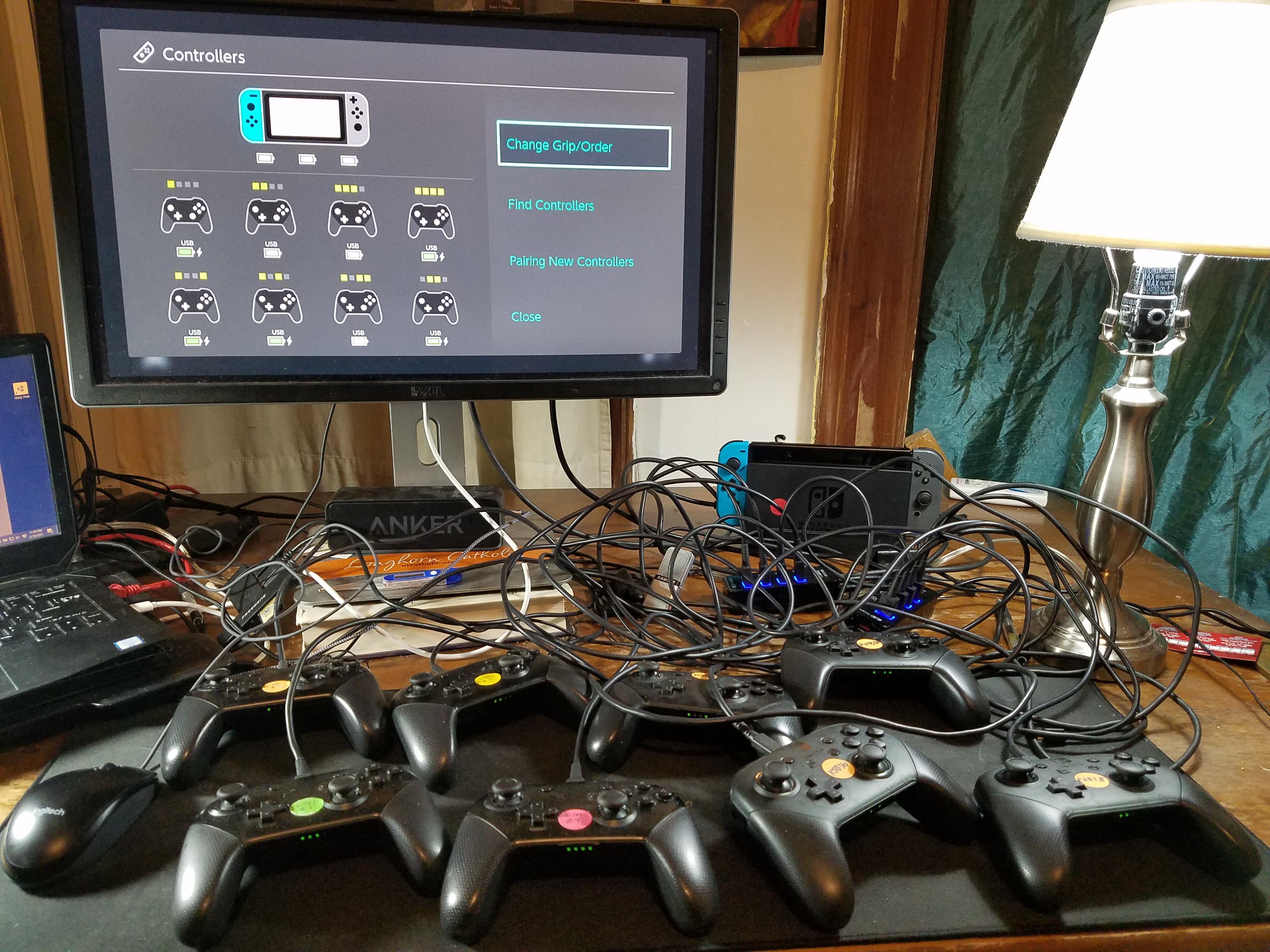 All wired up for 8-person multiplayer on the Switch (8 pro controllers