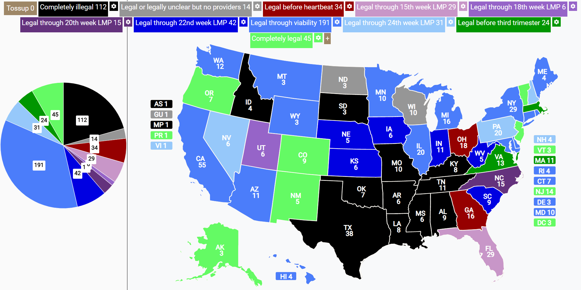 Map of elective abortion laws by state (more info in the comments) r