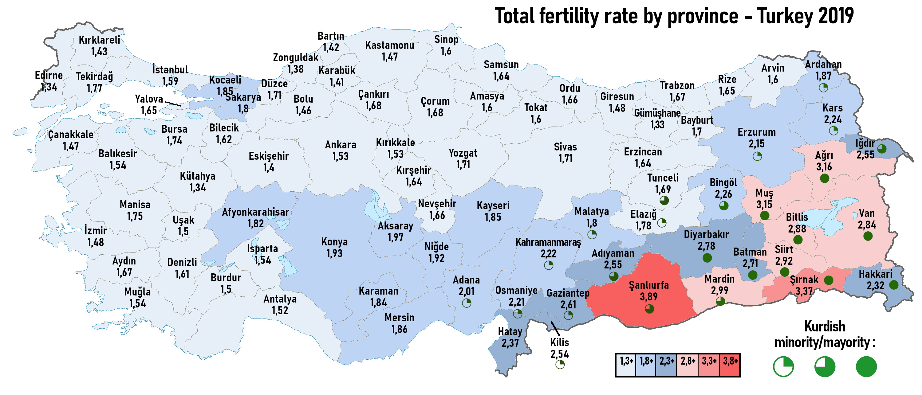 Turskih fertility rates by province 2019 r/MapPorn