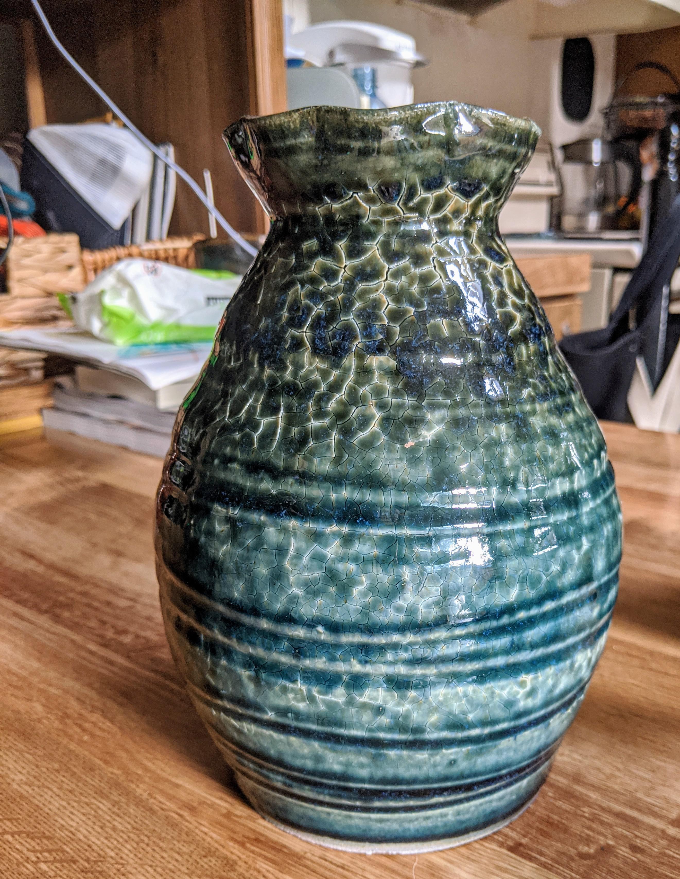 Textured vase, crackle slip, turned out great! r/Pottery