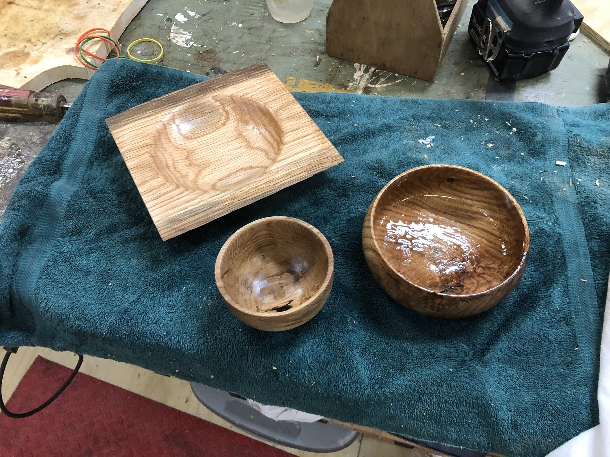 This weekends work. Dish and larger bowl are white oak (linseed oil on