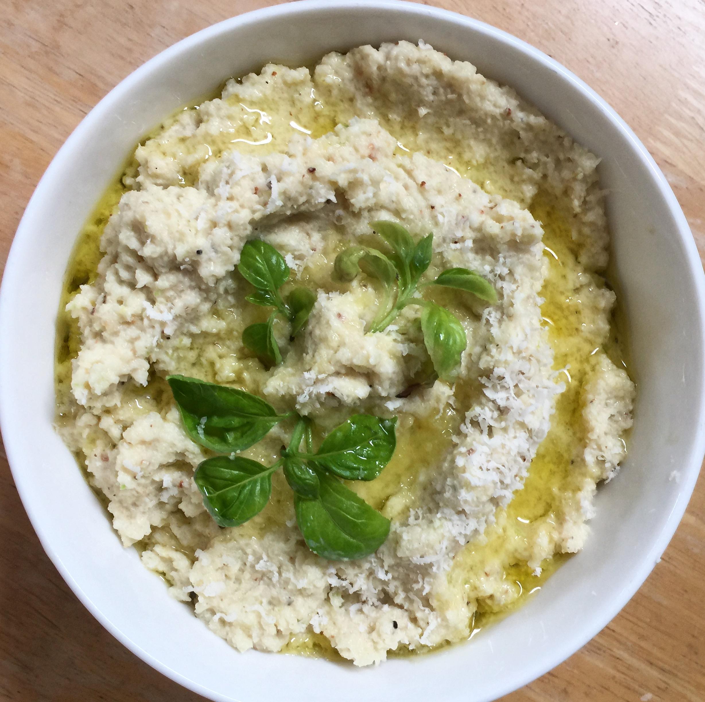 Roasted cauliflower mashed with buttered leeks, garlic, cream, and