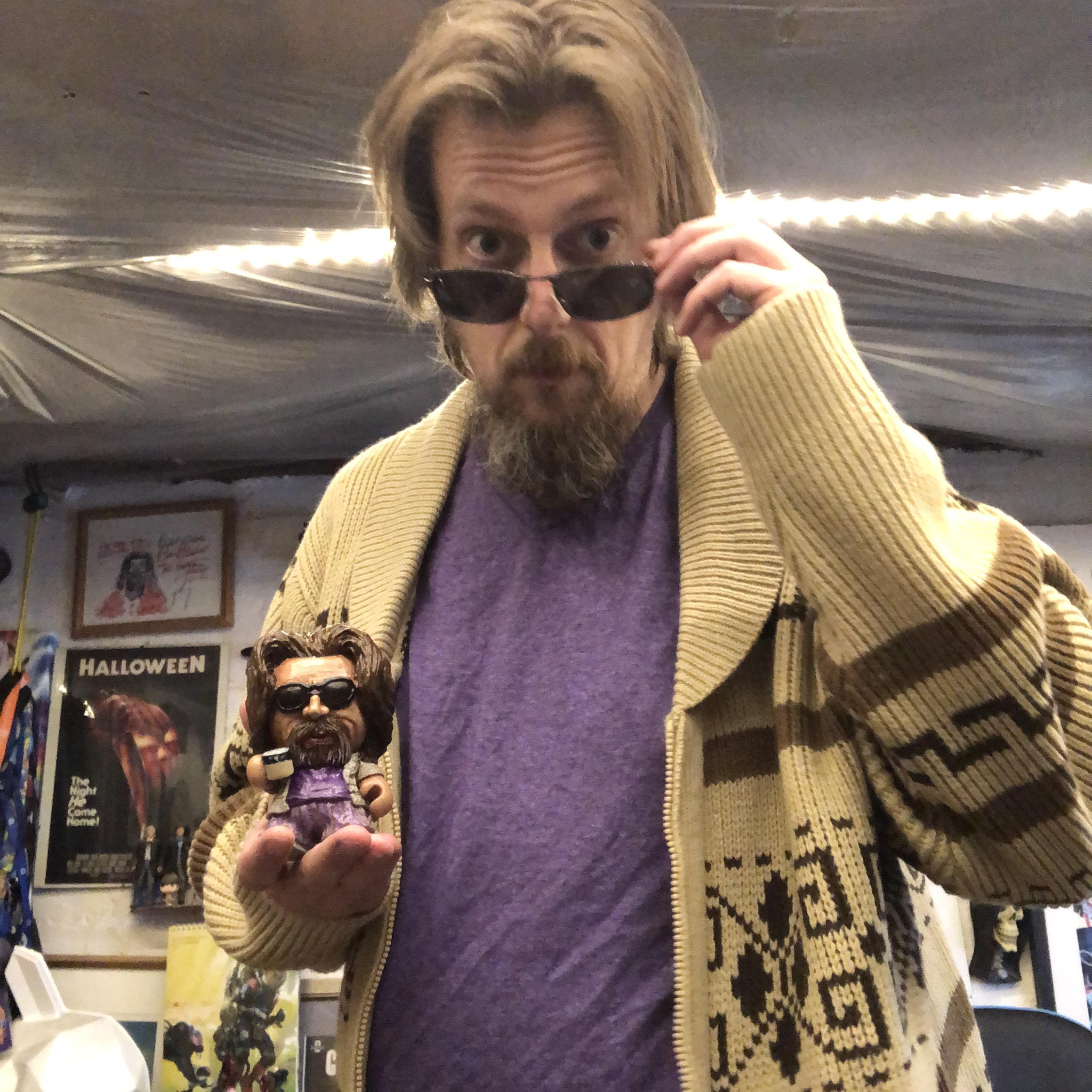 I made a custom vinyl toy of the Dude, then posed with it. r/lebowski