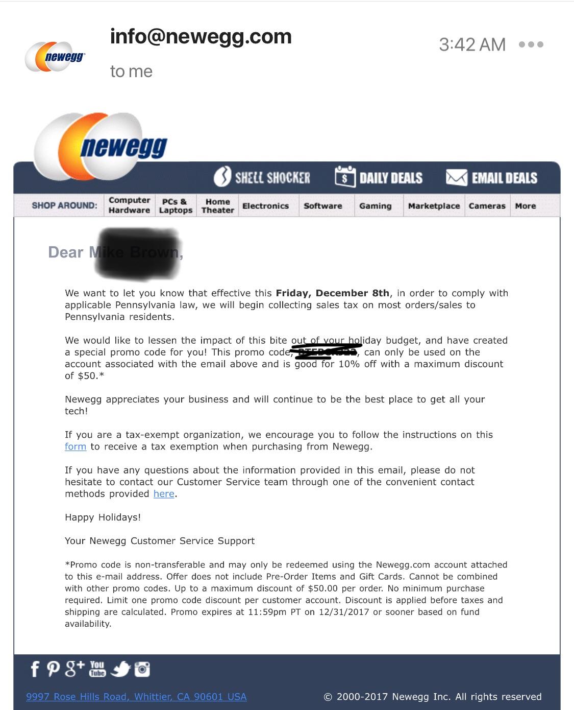 Newegg will now be collecting a sales tax on most orders shipping to