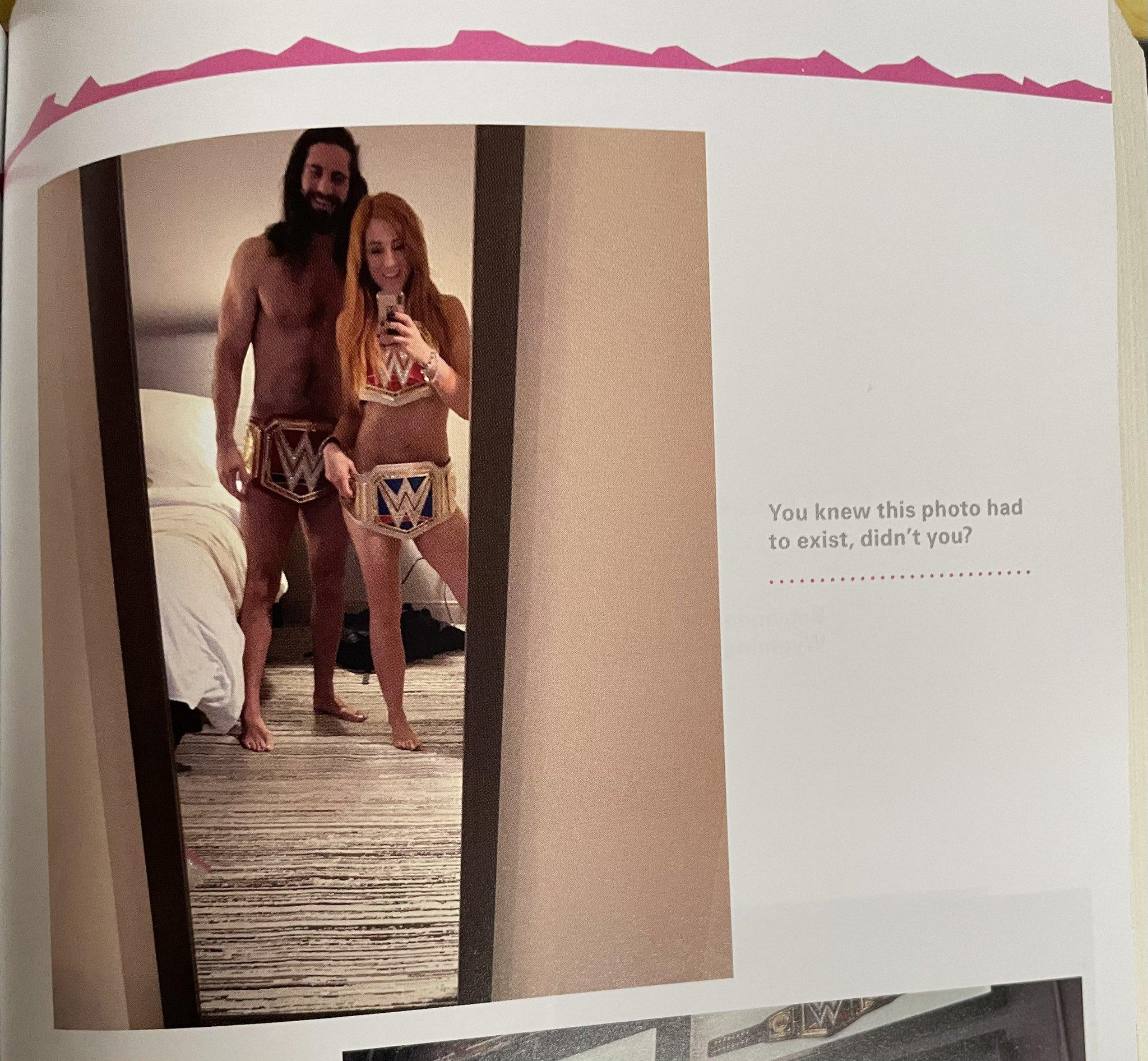 Photo from Becky Lynch's autobiography: Becky Lynch and Seth Rollins pose with their titles and