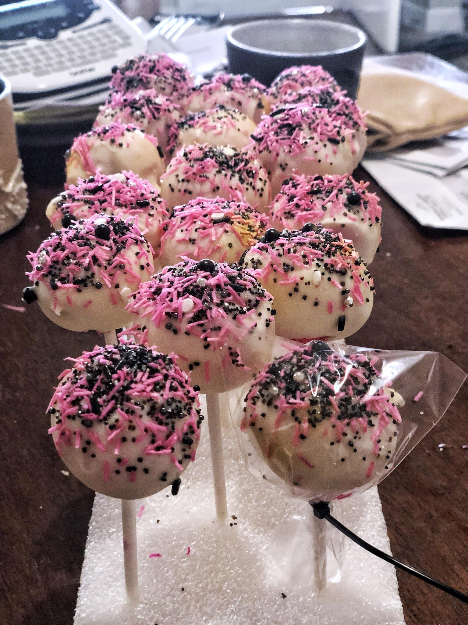 First attempt at cake pops vanilla, strawberry and chocolate ganache