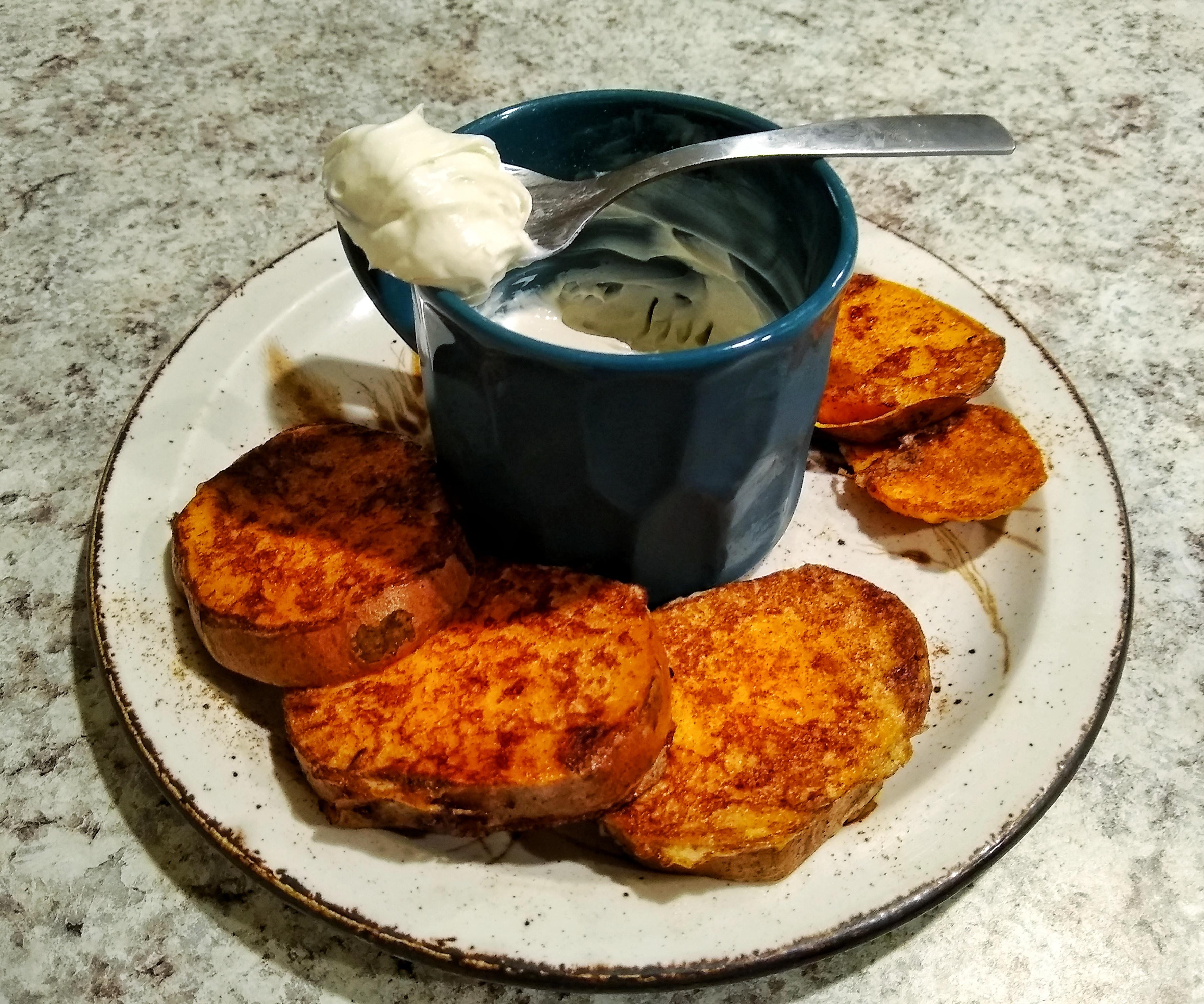 Sweet potato french toast with Greek yogurt cream cheese "frosting" for