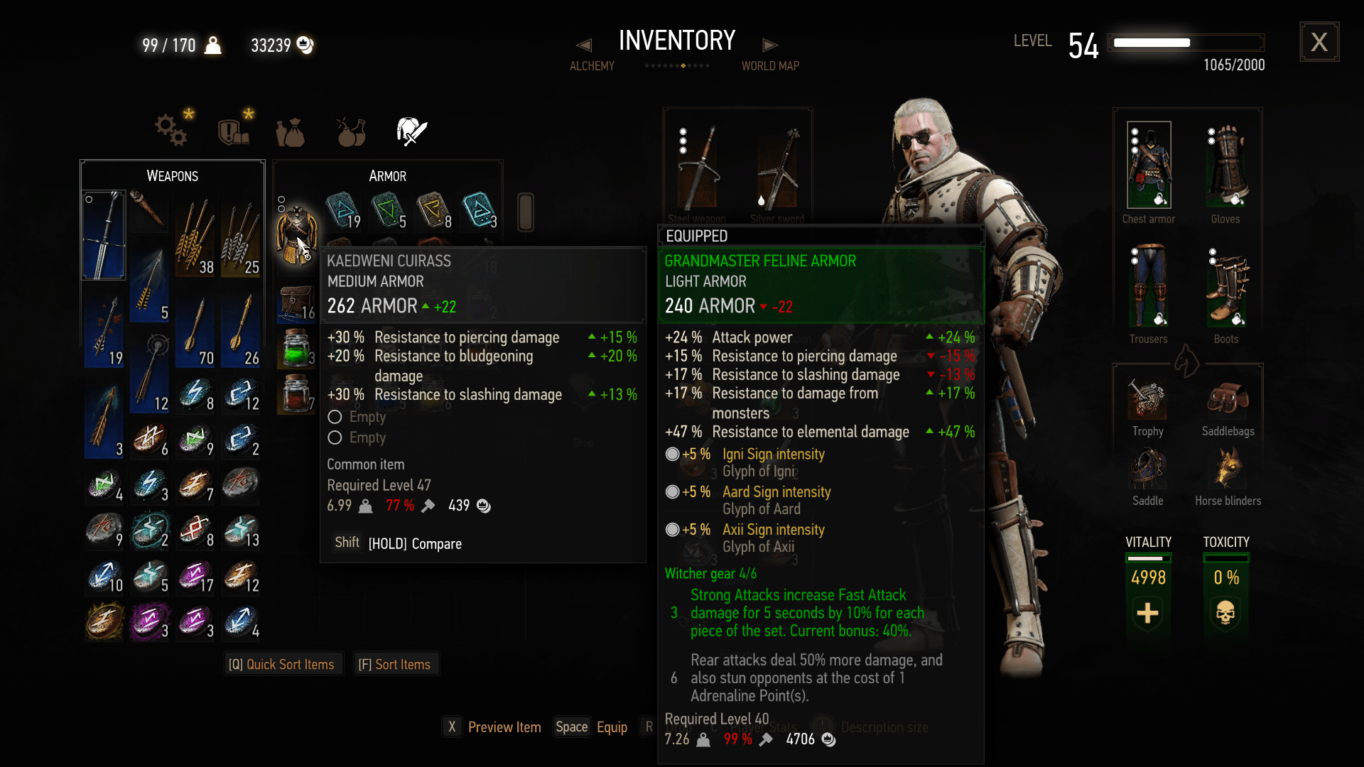 NewGame+ the Grandmaster Feline armour is weaker to armour in White Orchard, so is the sword