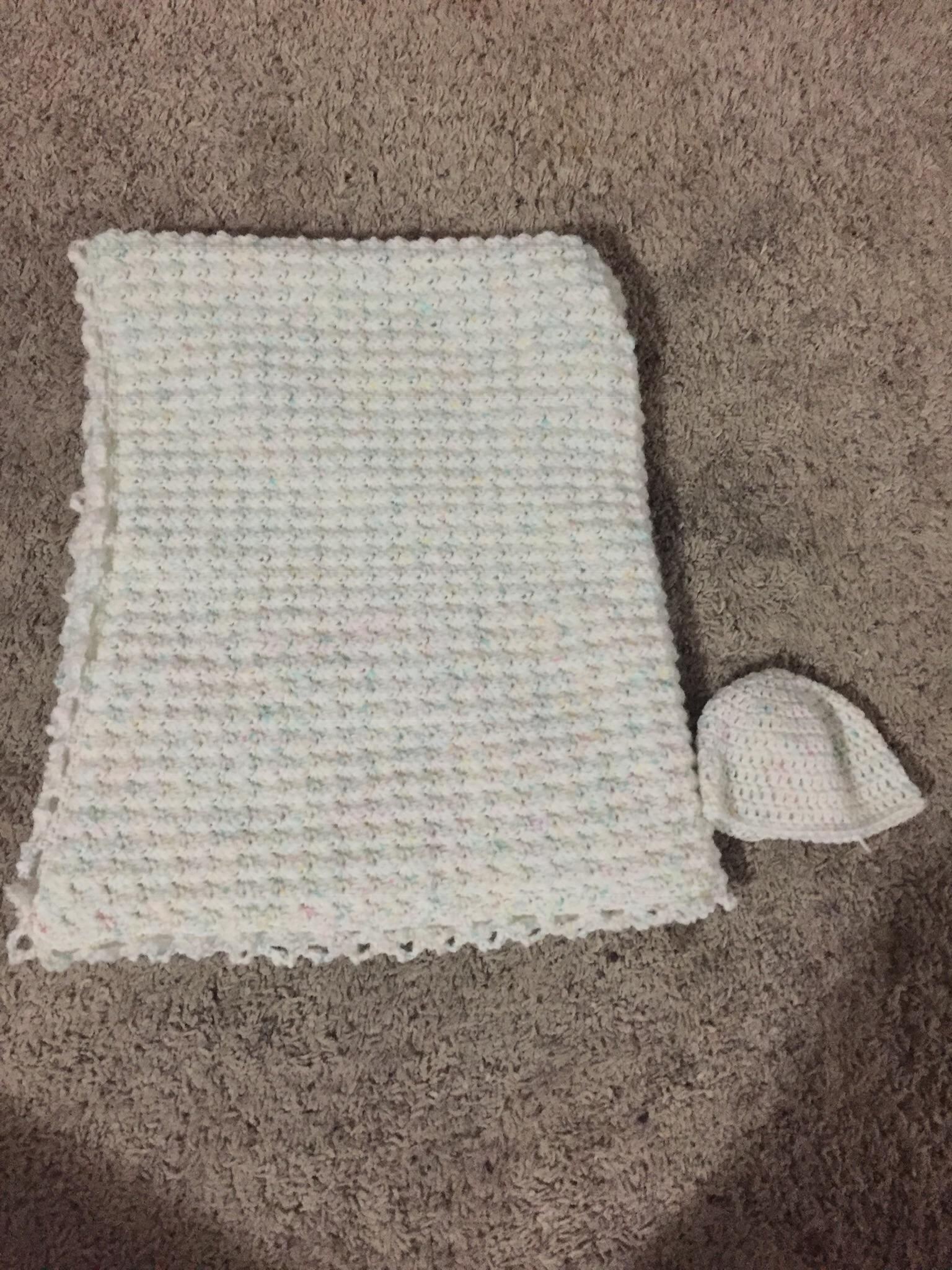 Hat and blanket being donated to local hospital to go to a baby in need. r/crochet