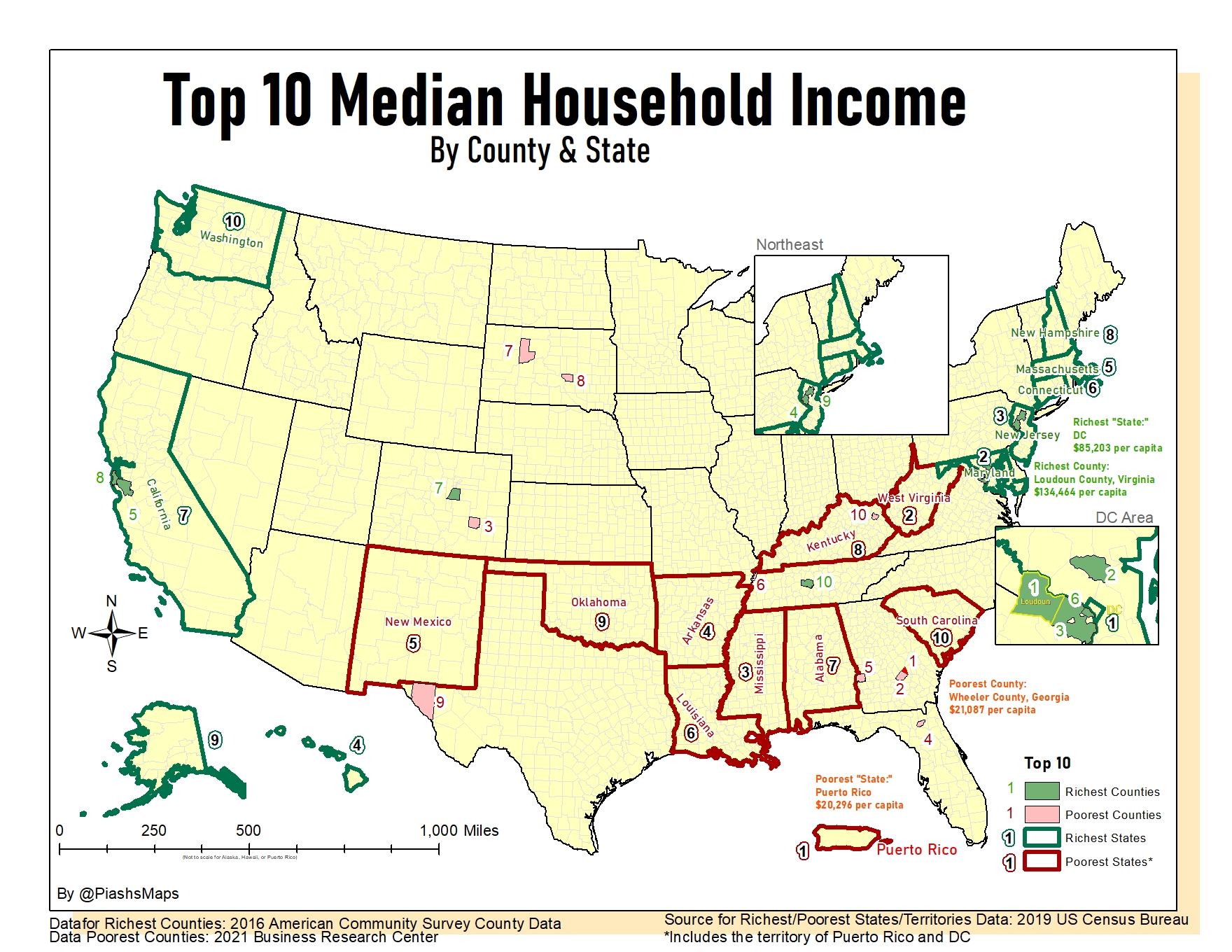 Top 10 Median Household By County & State r/MapPorn