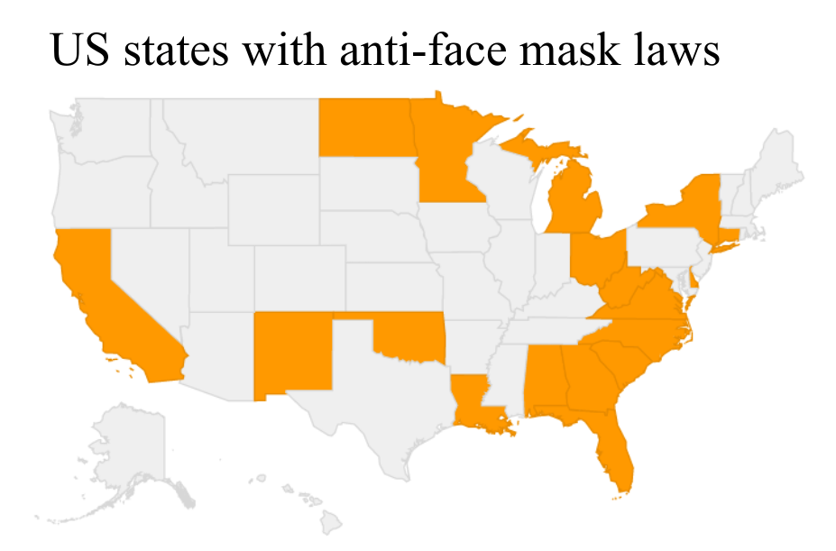 US states with antiface mask laws r/MapPorn