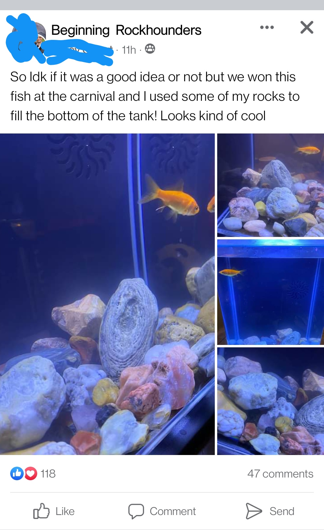 OP puts gems and minerals in a fish tank and ignores smart advice to