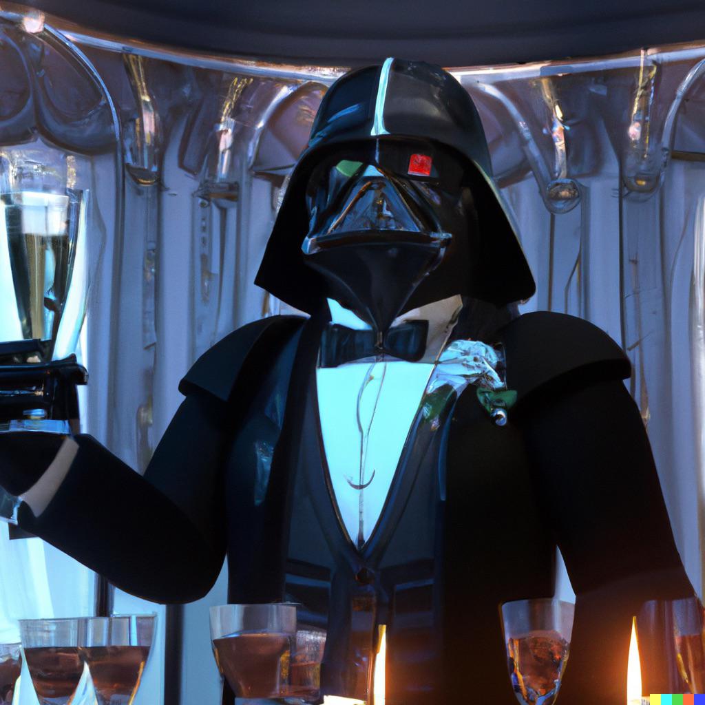 “Darth Vader wearing a suit and giving a toast on his wedding day