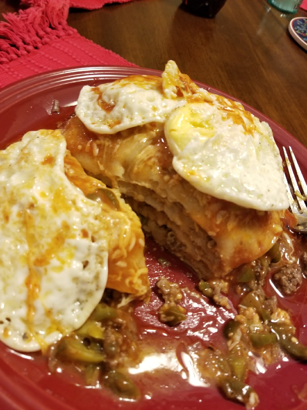 [I ate] Stacked Beef Enchiladas w/ fried egg and cheese. Just look at