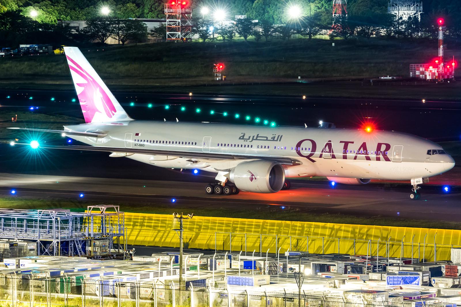 Qatar 777LR holding short of runway 16R at Narita. aviation