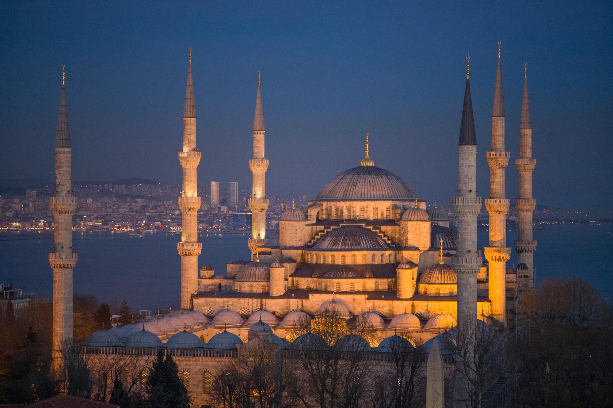 The Blue Mosque in Istanbul at sunset. This is the only mosque in