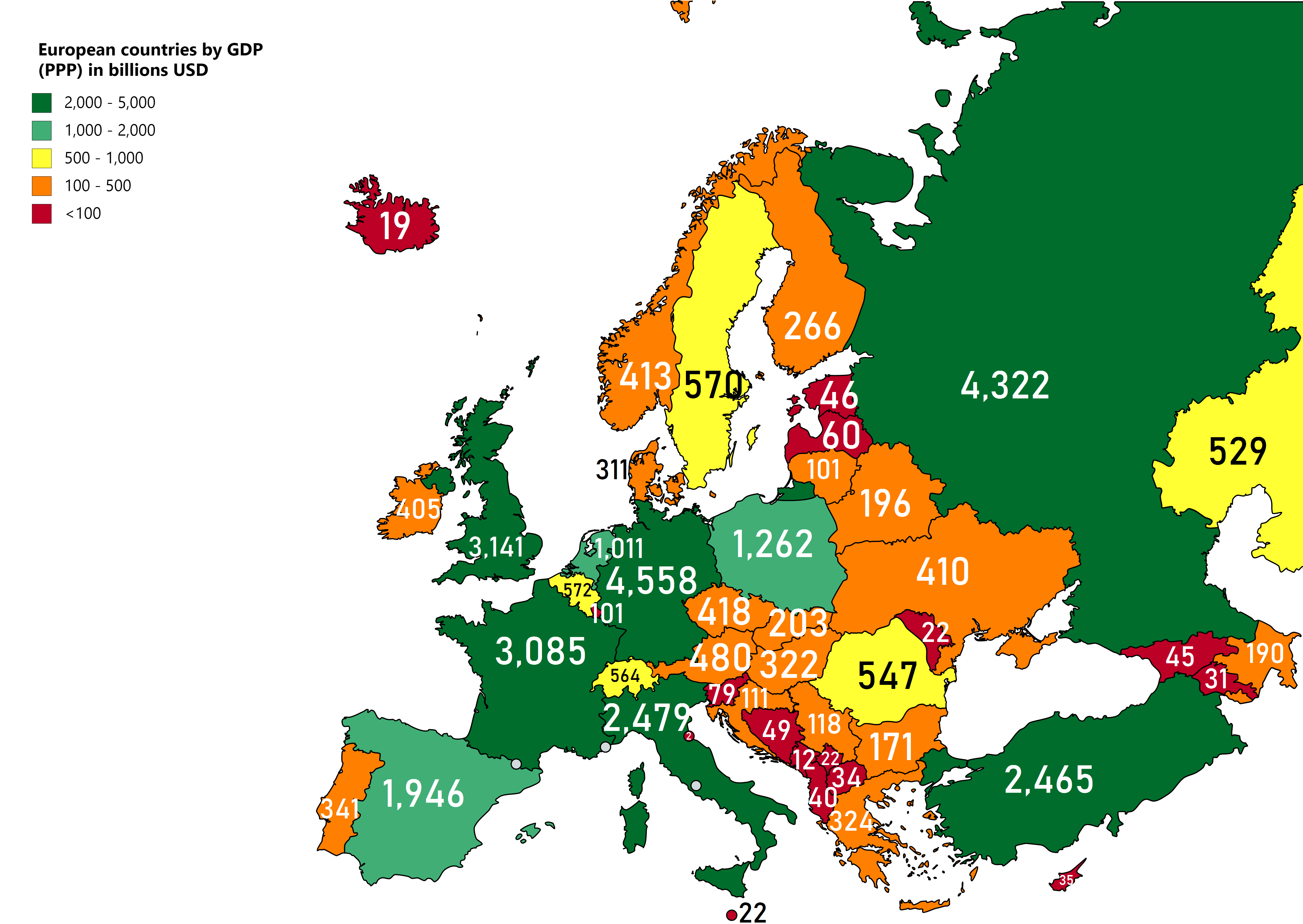 European Coutnries by GDP (PPP) in billions USD (IMF 2019 data) r/MapPorn