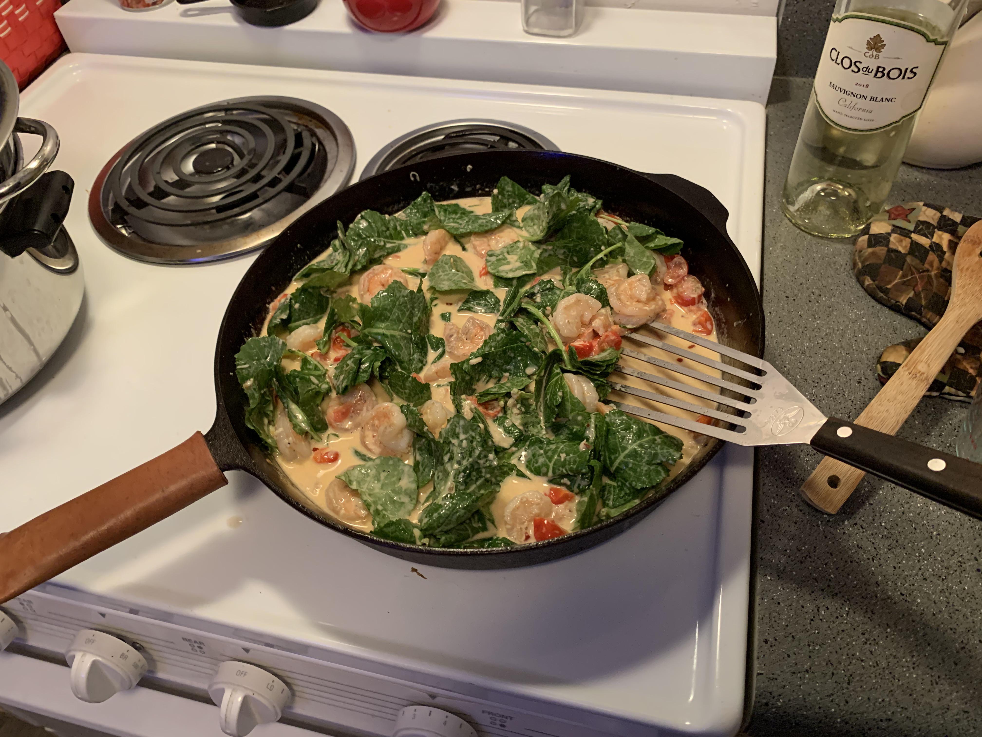 Shrimp red pepper tomato white wine sauce with baby kale r/CA_Kitchen