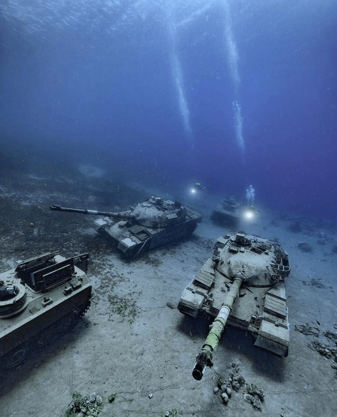 Abandoned British Chieftain tanks at the bottom of the Red Sea in Jordan. [1326x1638] r