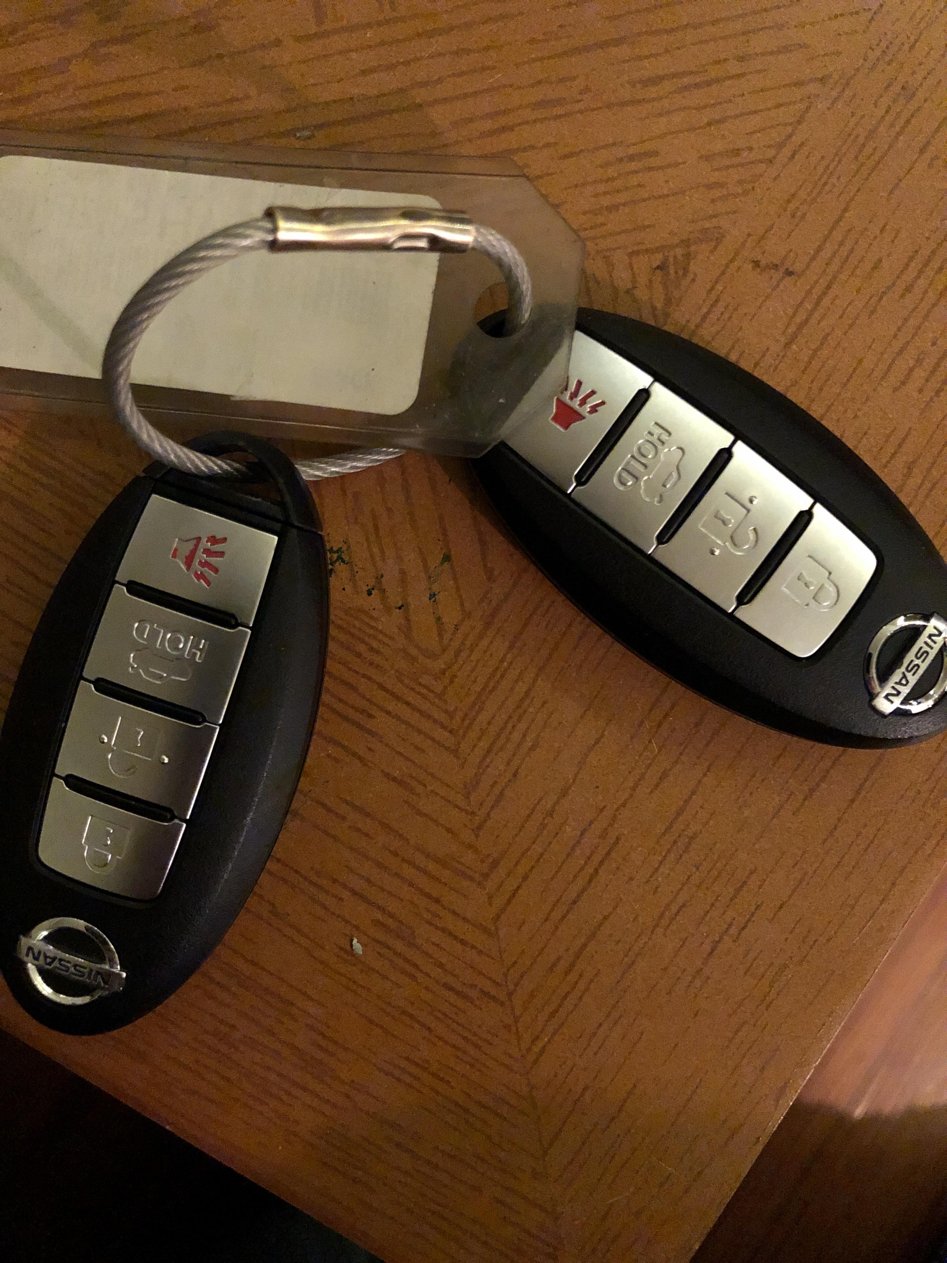 The way rental car companies give you two sets of keys but connected by