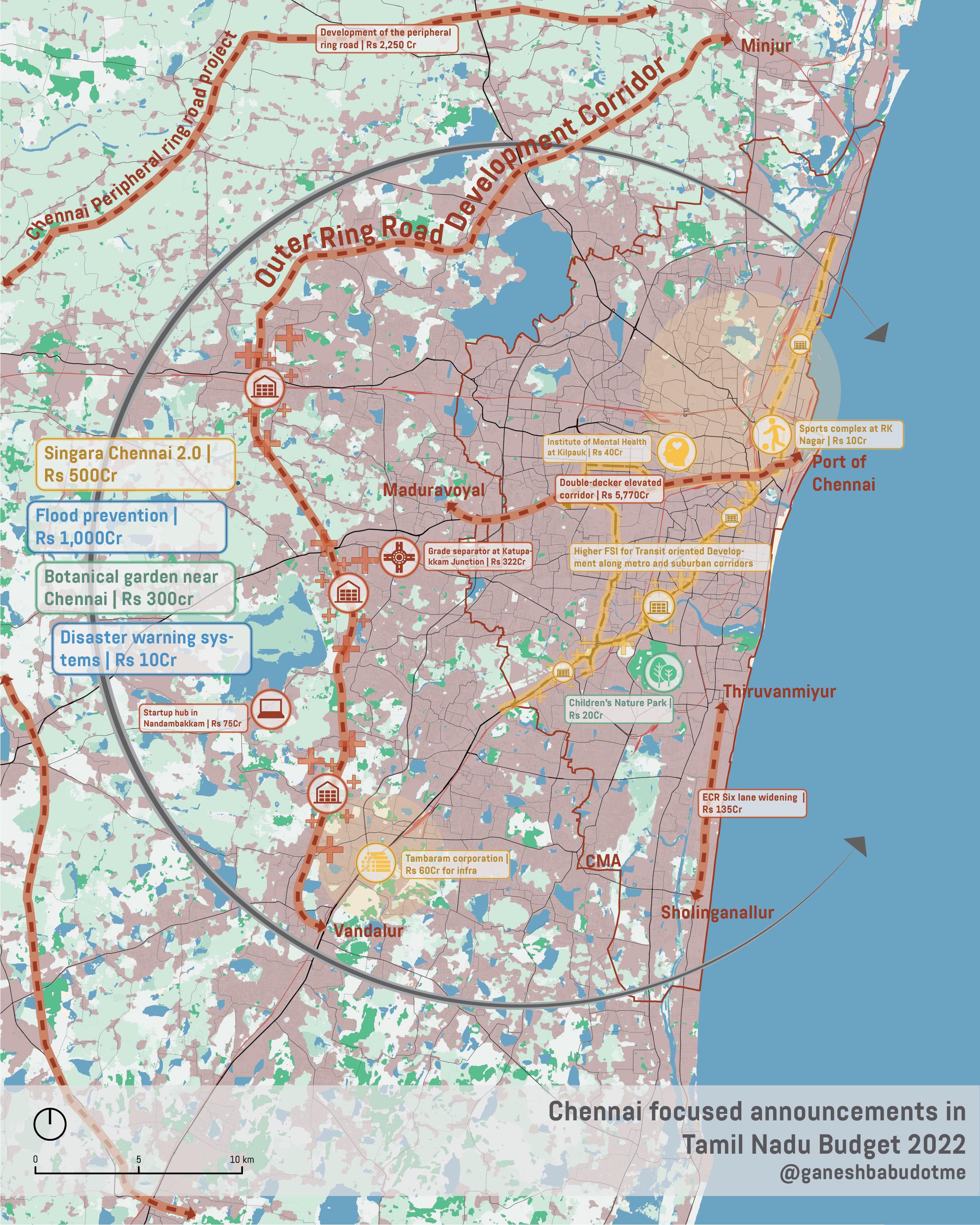 A map of All the projects in Chennai announced in Tamil Nadu budget