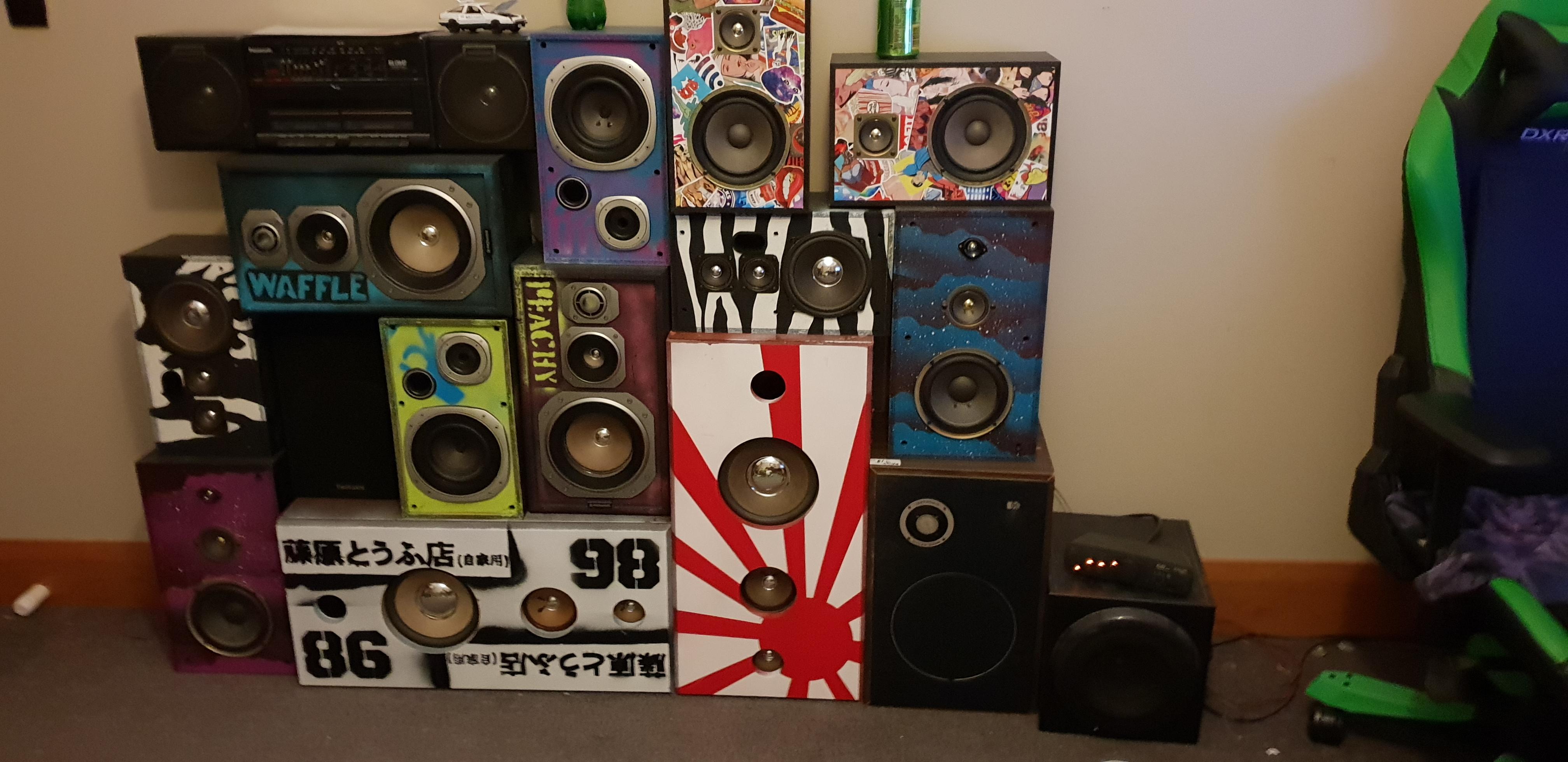 Building a custom speaker wall! All painting done by me and a friend. I