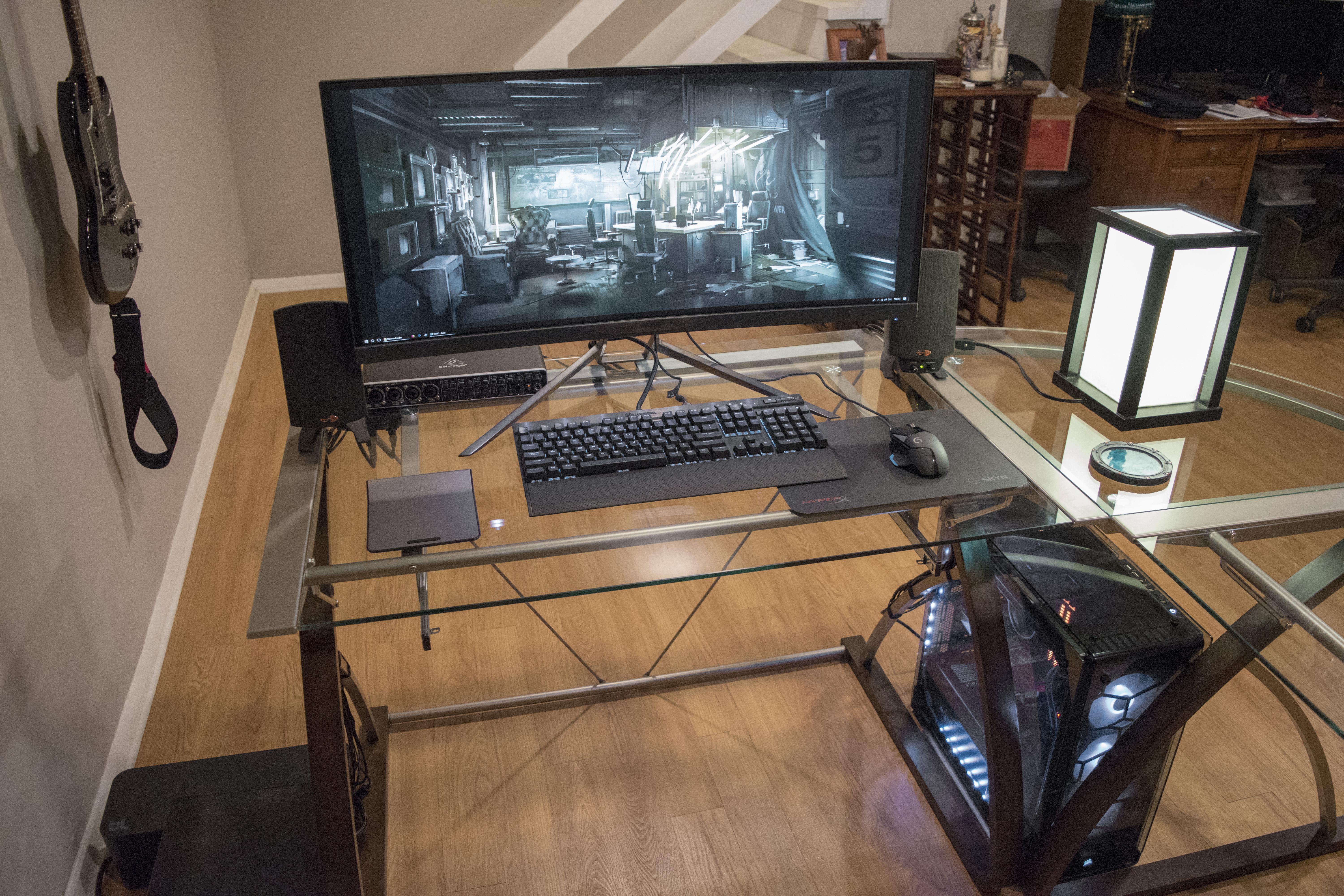 Basement battlestation ultrawide gaming/podcasting rig on glass desk (aka cable management hard
