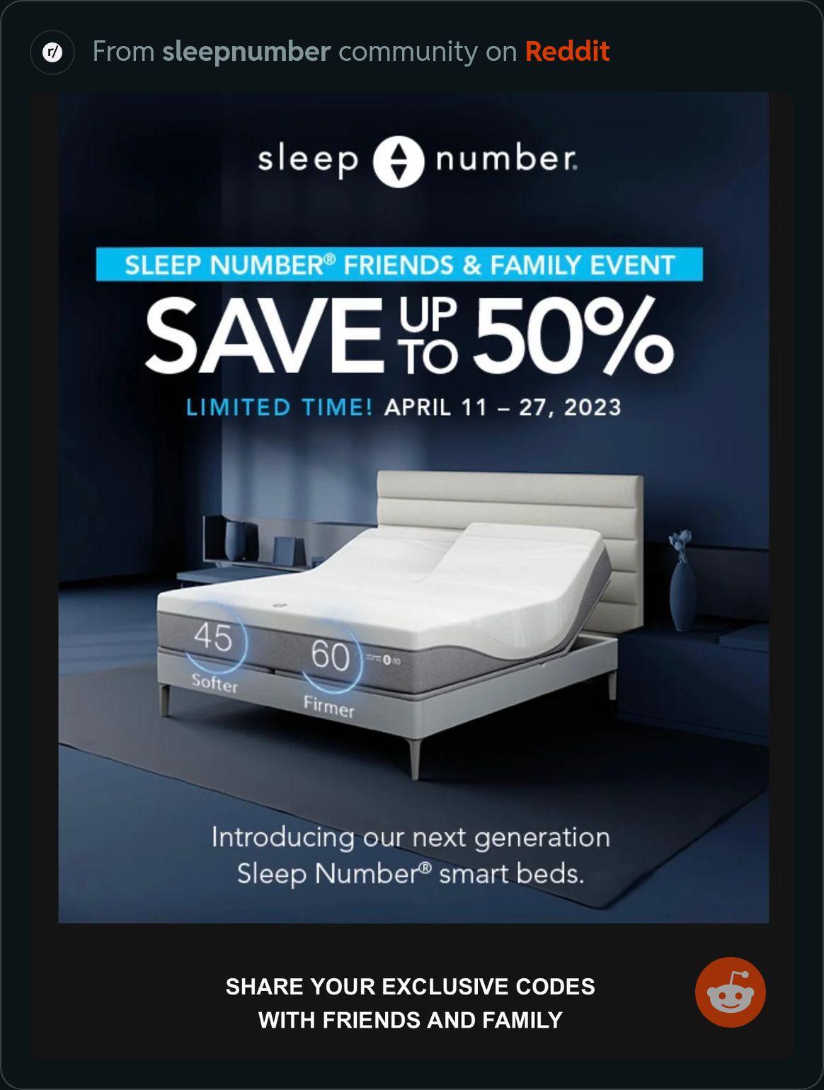 Sleep number 50 off codes 3 days left r/sleepnumber