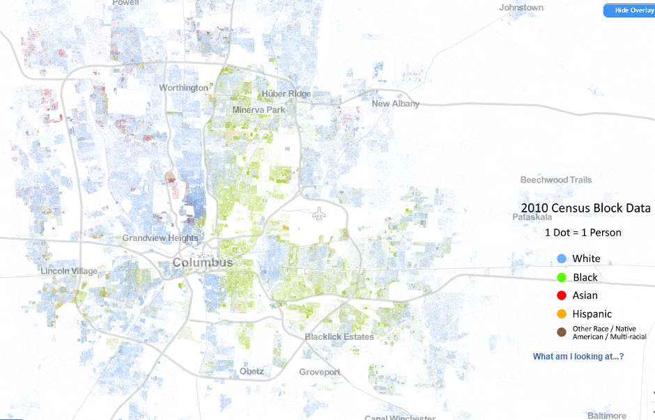 Racial census map of Columbus. 1 Dot = 1 Person. Link to zoomable