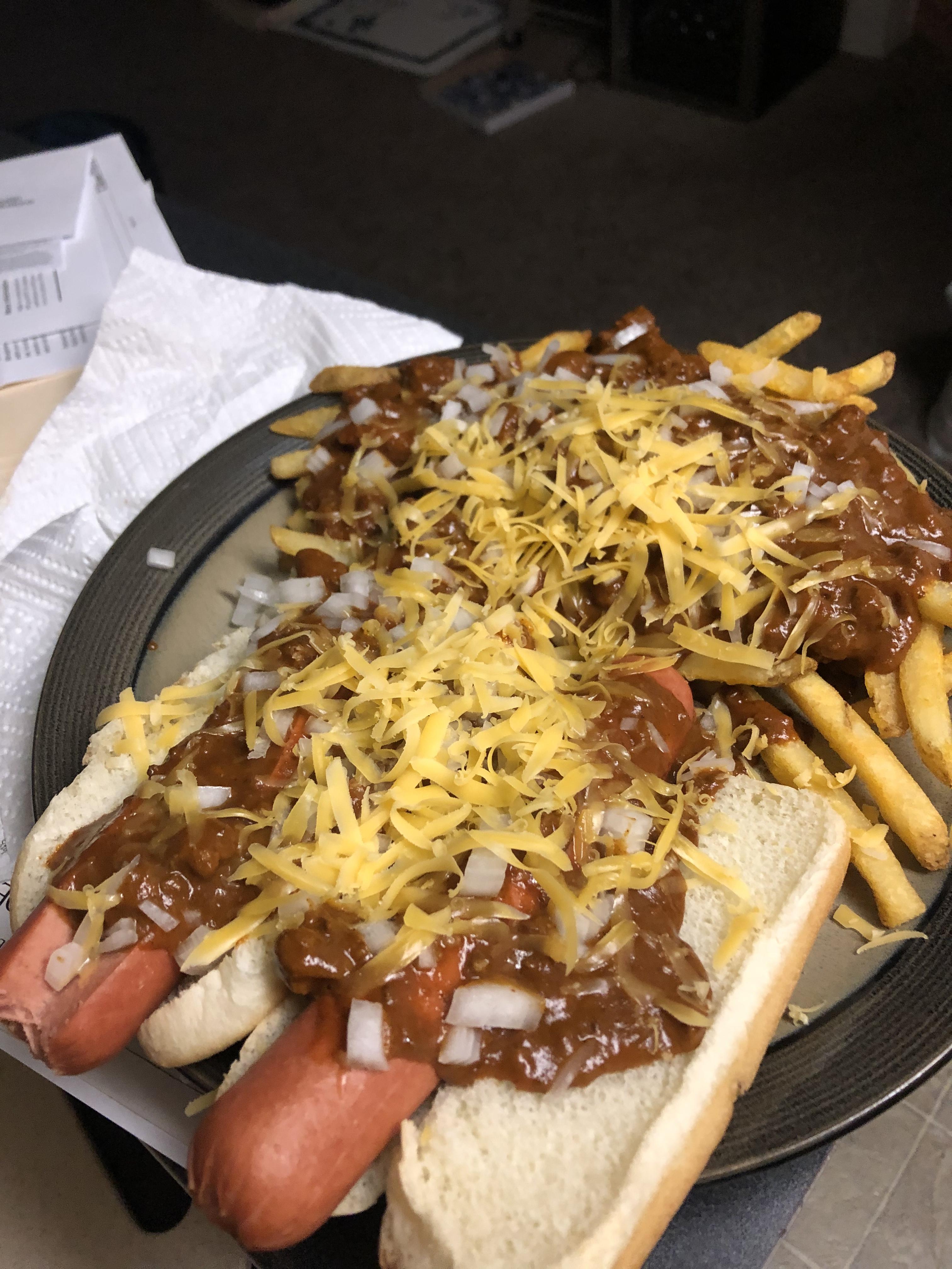 Chili cheese dogs n fries on a drunken whim. Extra onions! r