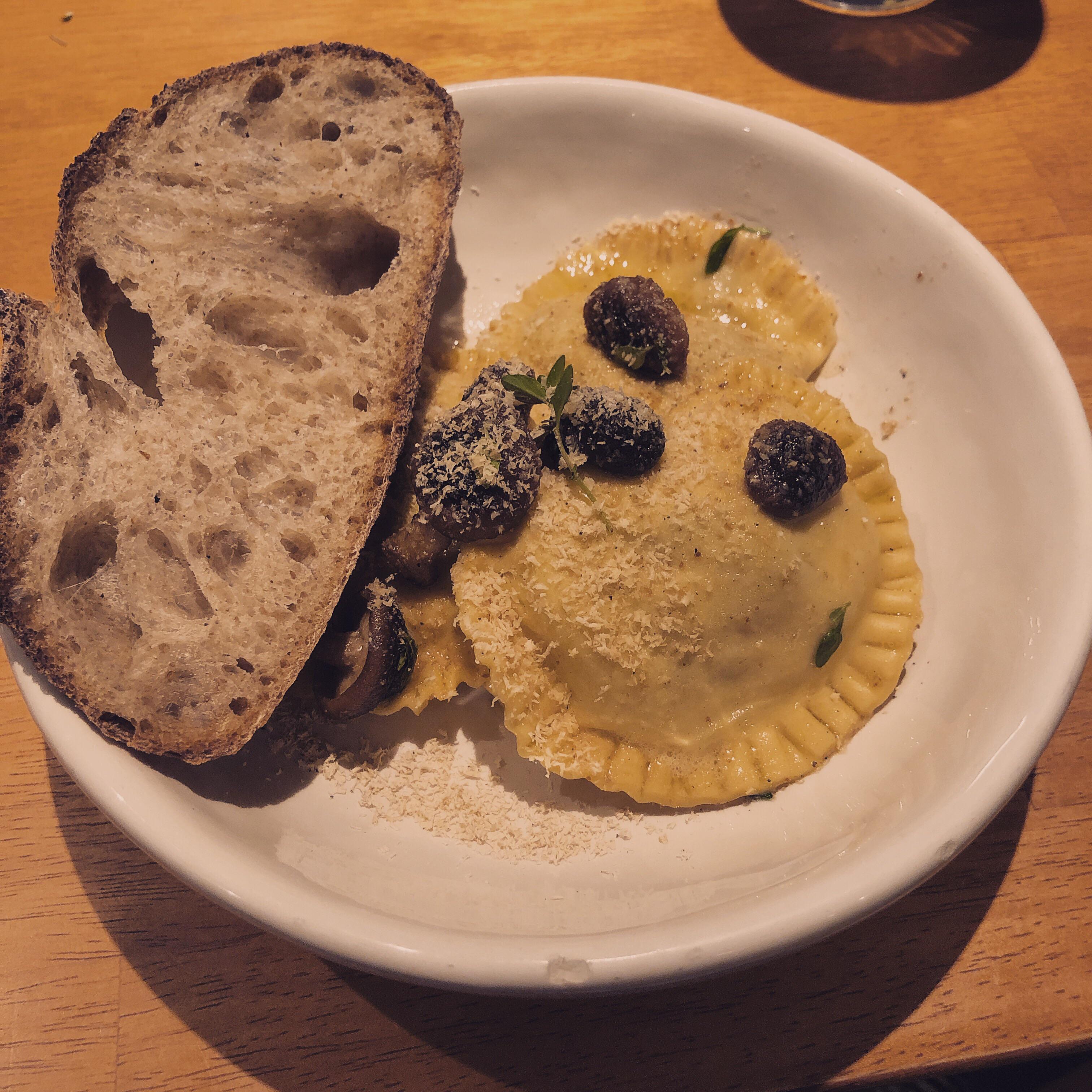 Short rib ravioli with a browned butter mushroom sauce. I made the