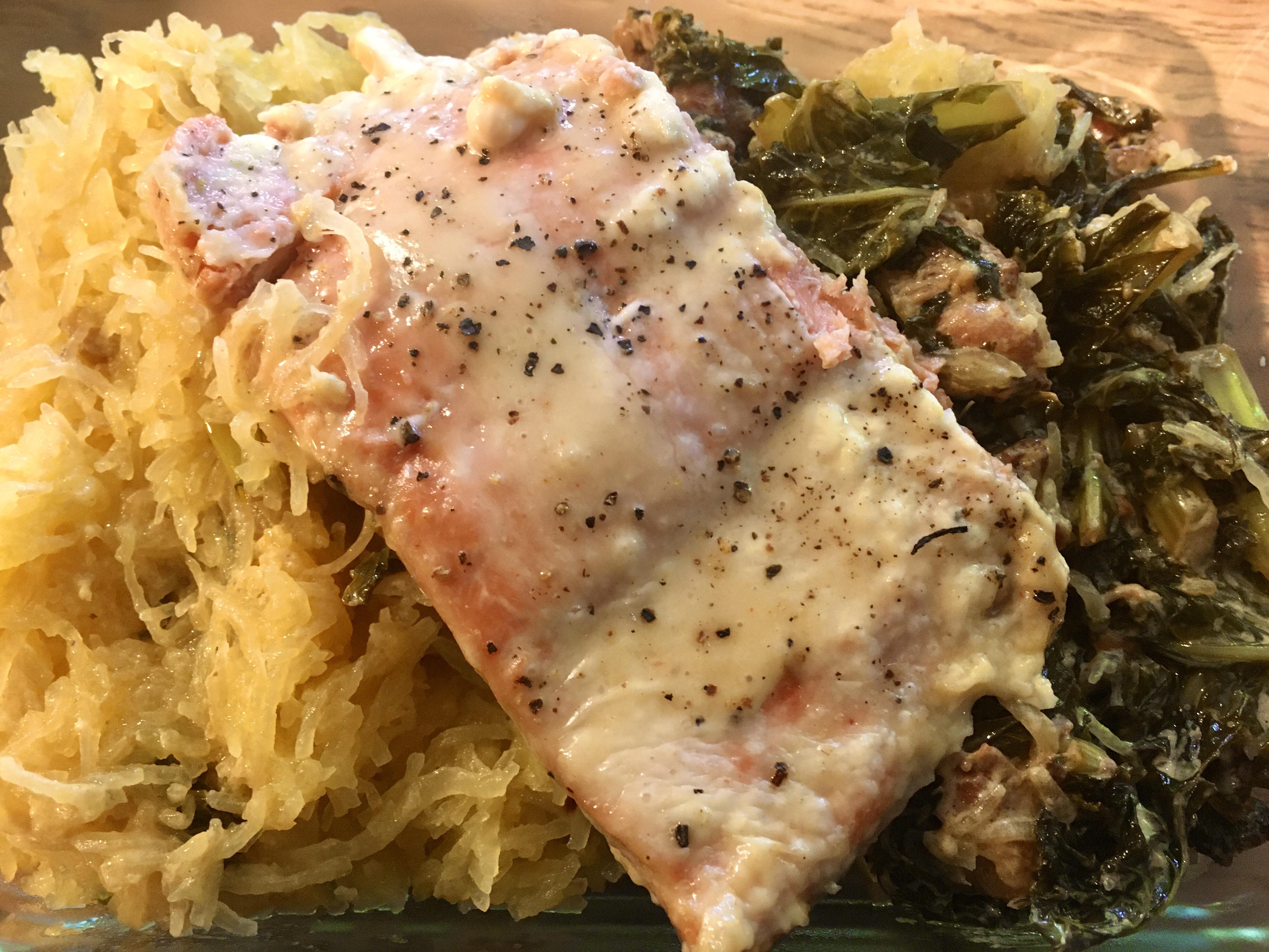 Miso ginger salmon, creamy kale with bacon, and buttered spaghetti
