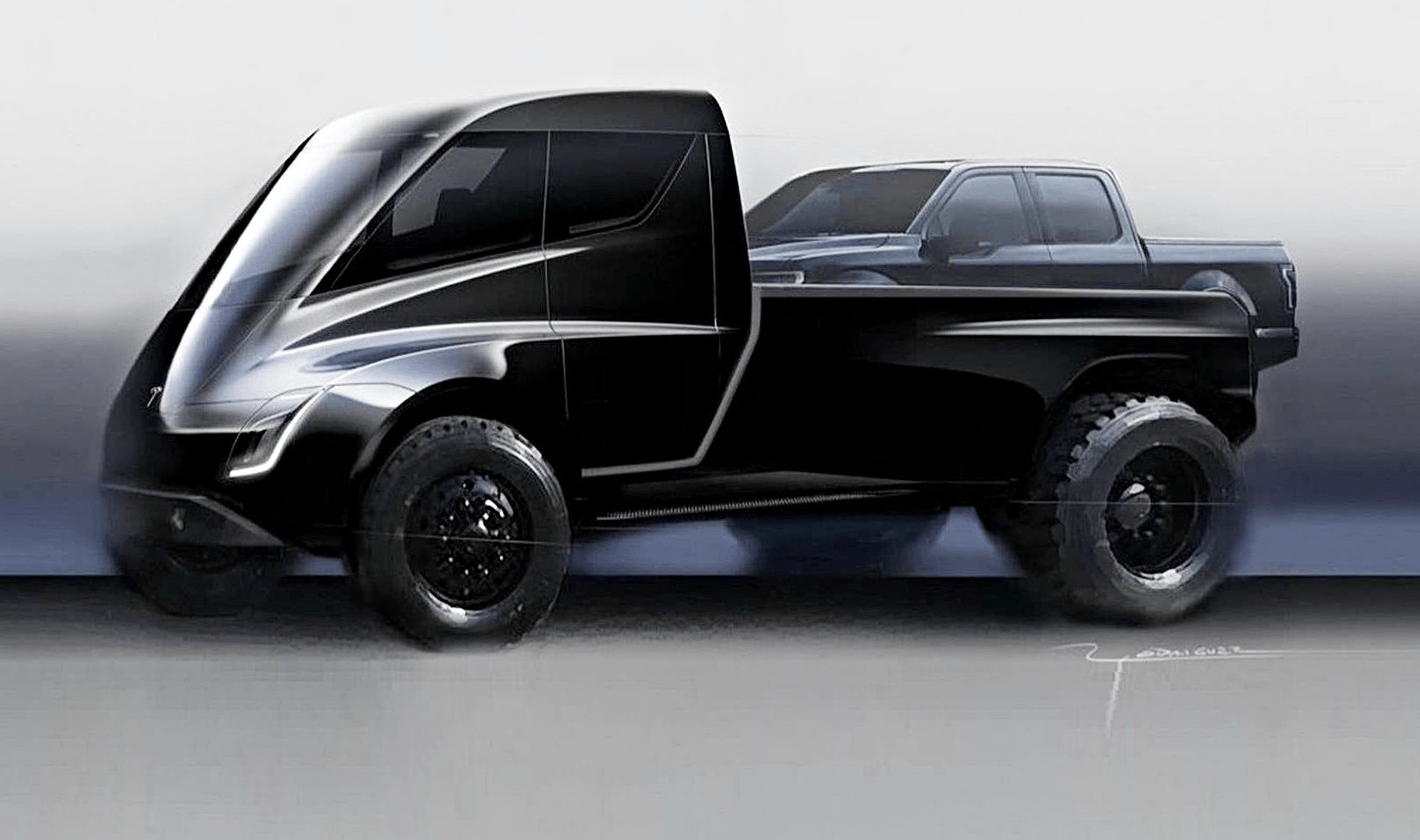 Teslas concept image for a pickup has ANOTHER PICKUP in it's bed. In