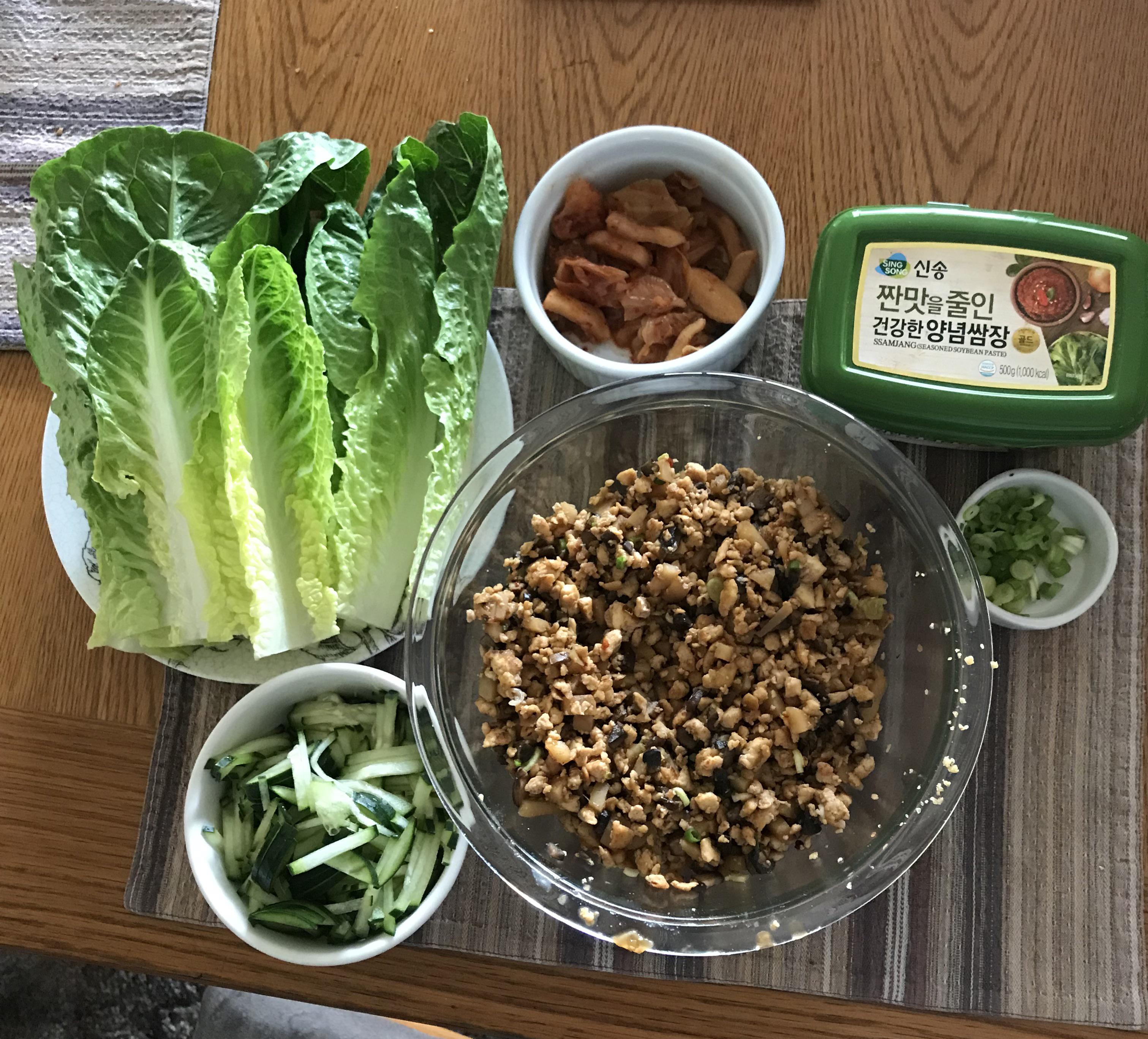 Lettuce wraps with tofu mushroom water chestnut filling, homemade Kim