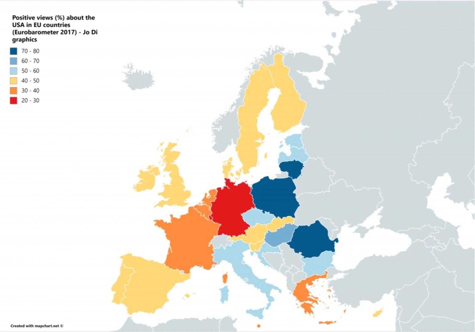 Positive views of USA in EU countries r/MapPorn