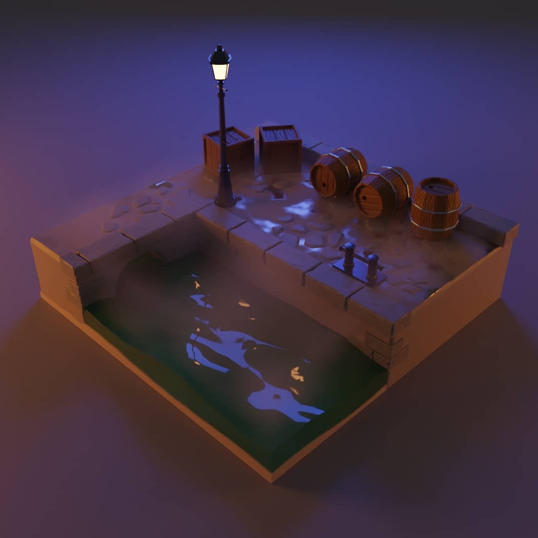 My first blender scene, a night time dock r/blender